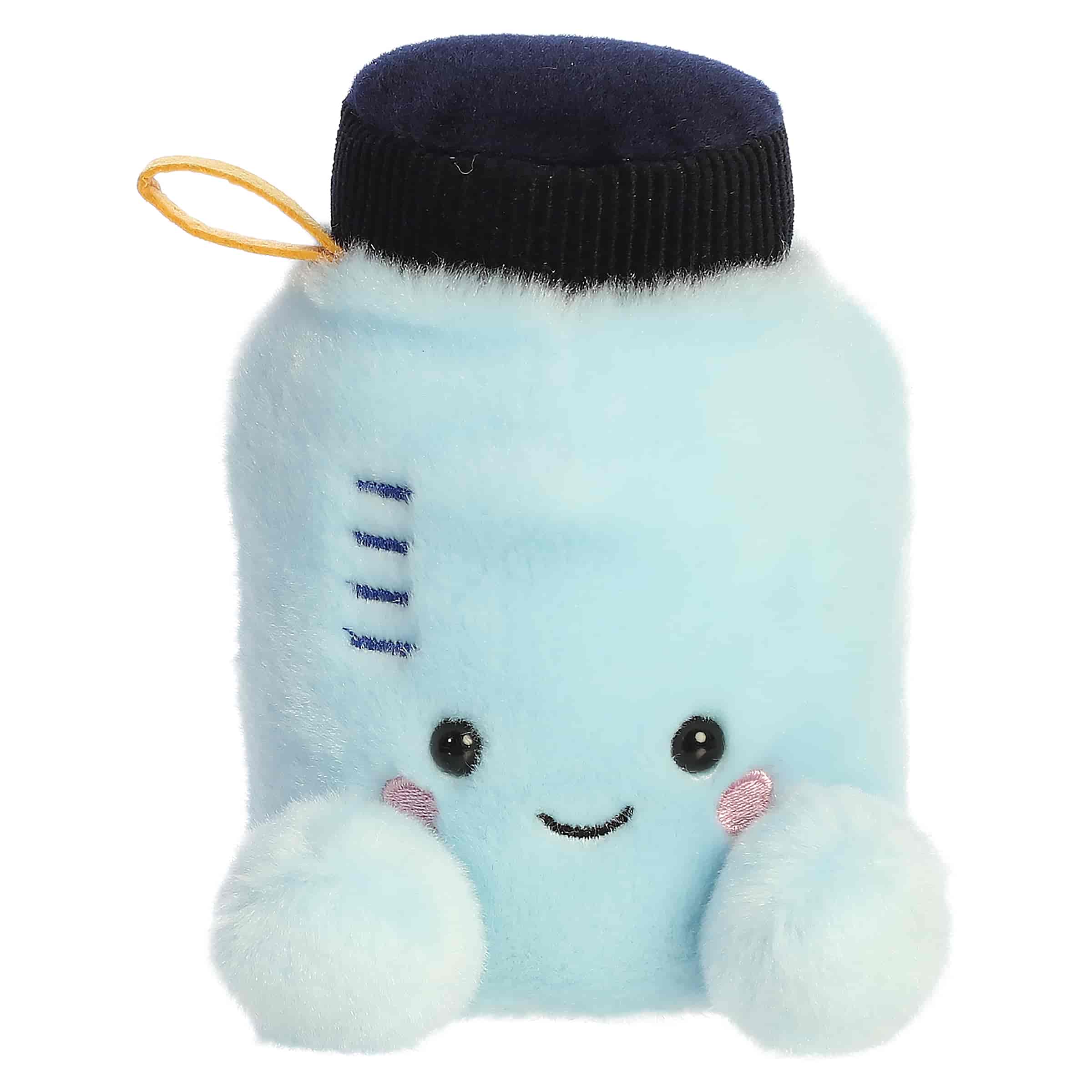 Rowan Water Bottle plush, seafoam-blue with navy cap and measurement markings, from Palm Pals.