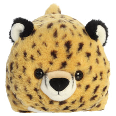 A cheetah plush toy from Aurora with a rounded potato shape, spotted fur, and a fluffy texture.