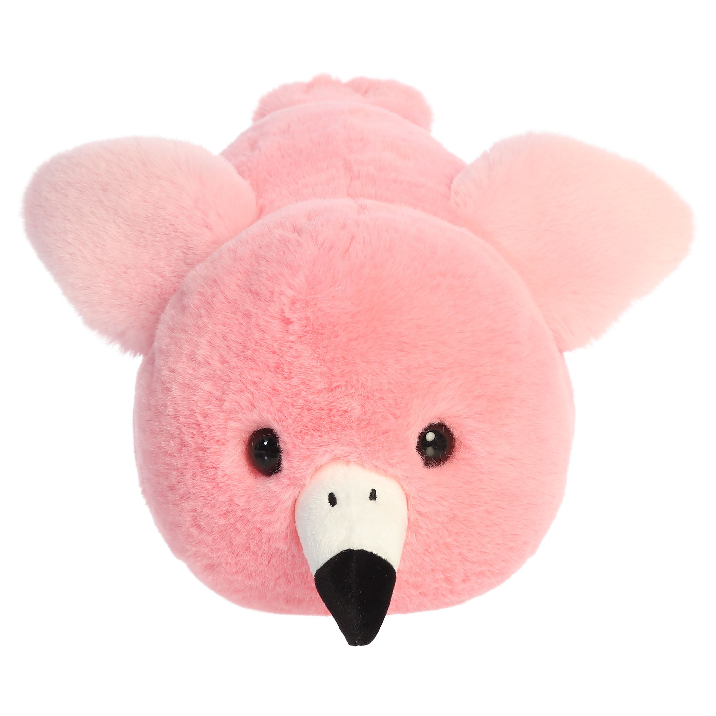 A flamingo plush toy from Aurora with a rounded potato shape, pink fur, and fluffy texture.