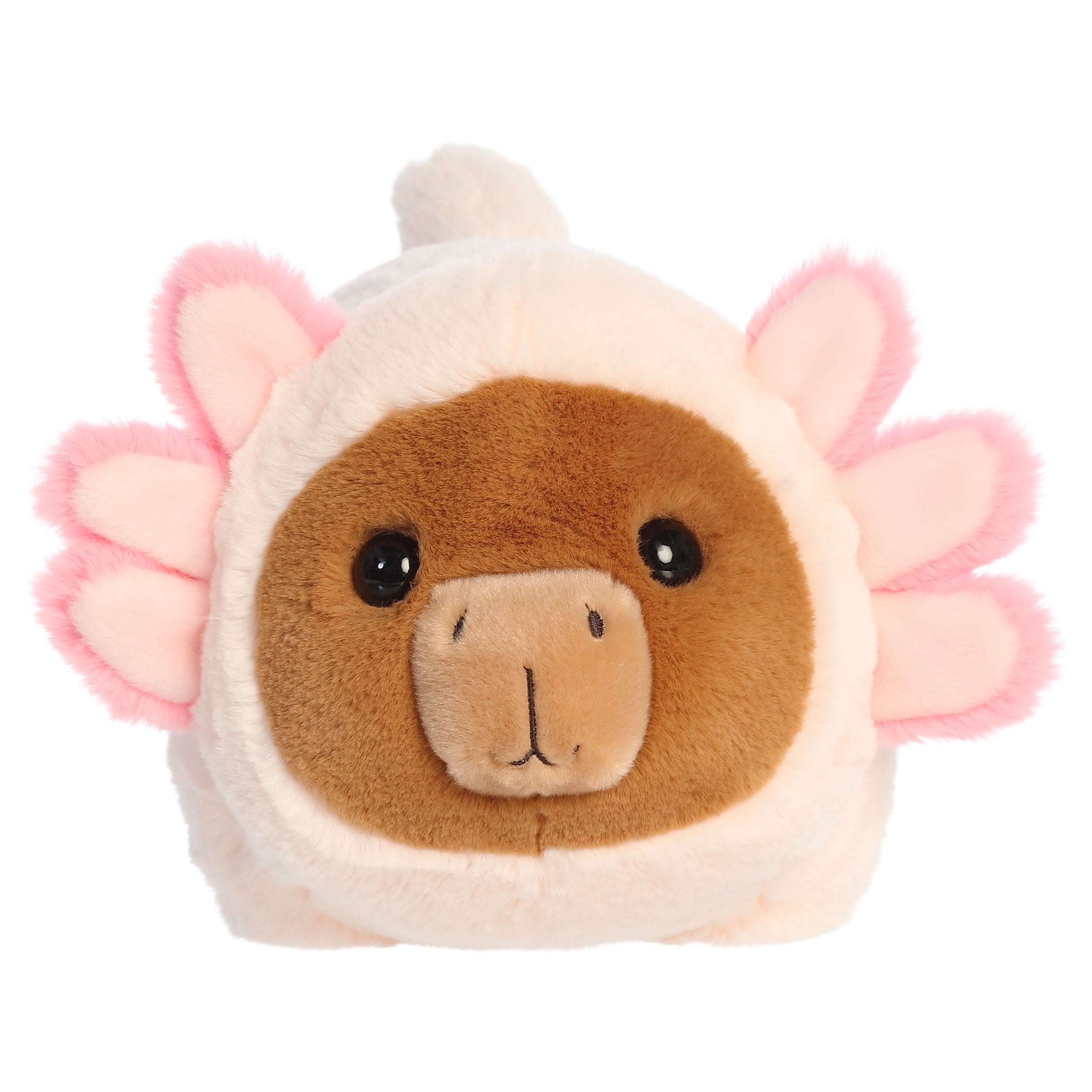 A capybara axolotl plush toy from Aurora with a rounded potato shape, axolotl details, and ultra-soft fabric.