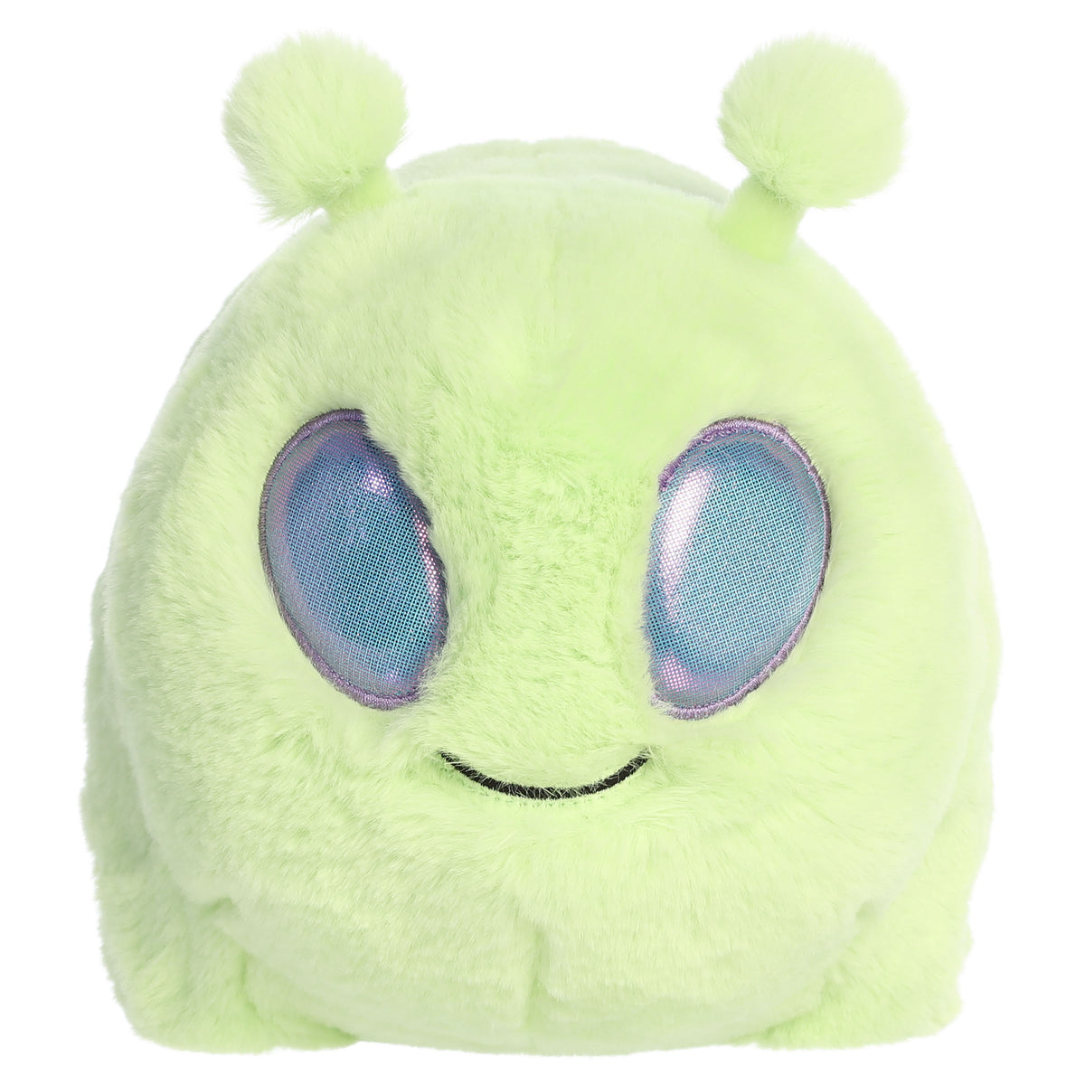 An alien plush toy from Aurora with a rounded potato shape, green fur, and playful cosmic details.