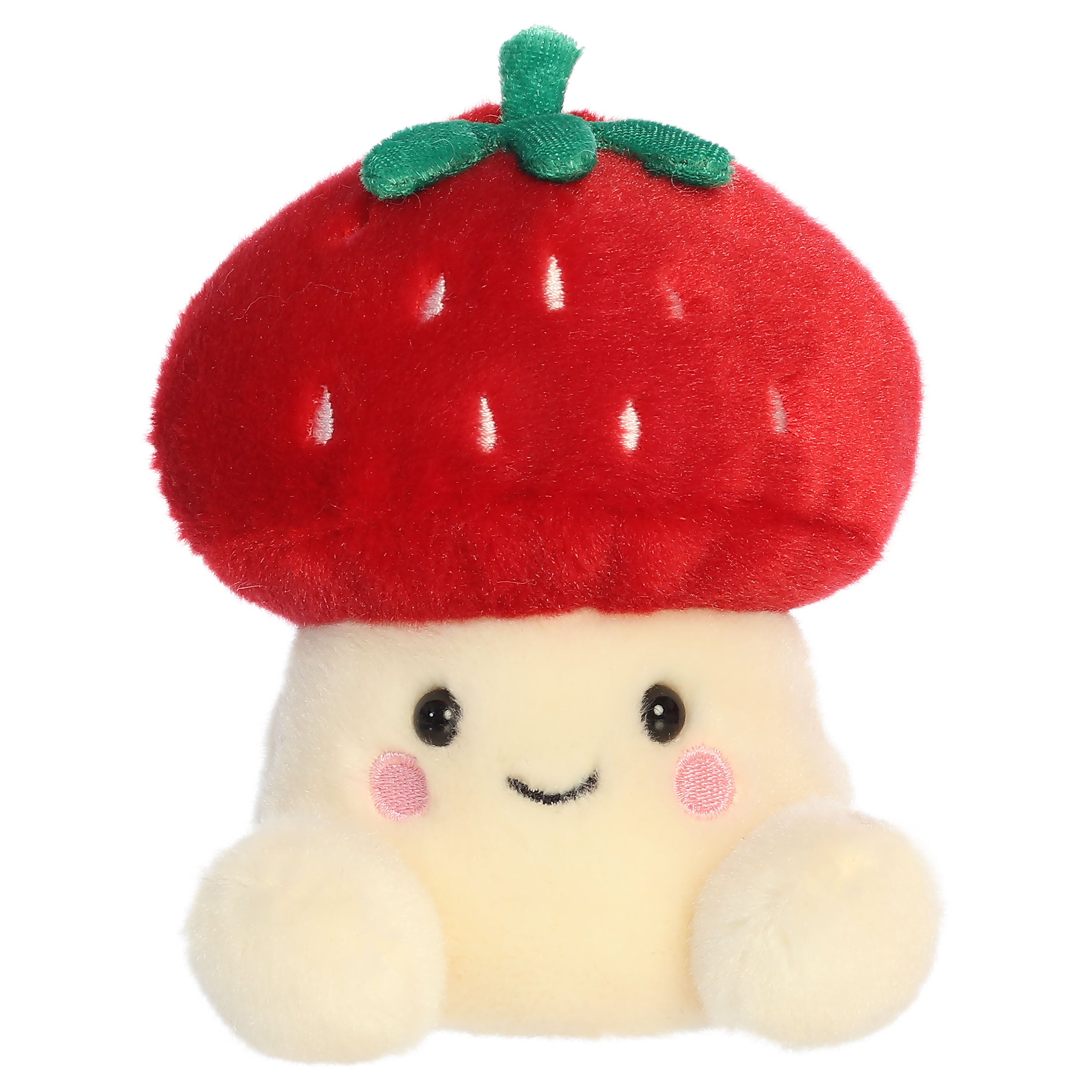 A mushroom plush toy from Aurora with a cream body, smiling embroidered face, and a strawberry cap with leafy green details.