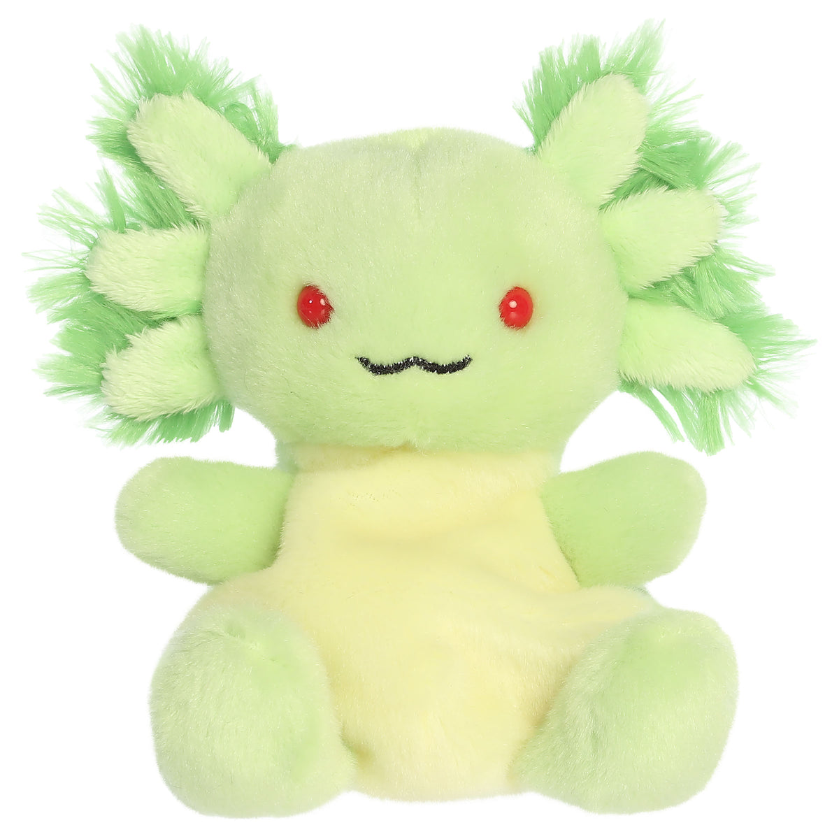 An axolotl plush toy from Aurora with neon green fur, red eyes, a sweet embroidered face, and frilly gills.
