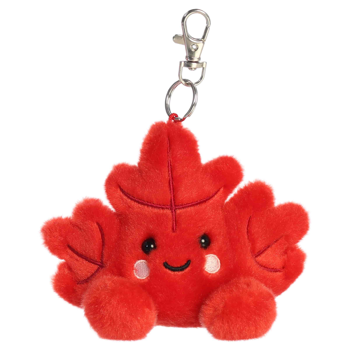Fall Maple Leaf Clip-On plush with bright red leaf shape, rounded edges, smiling face, and clip attachment