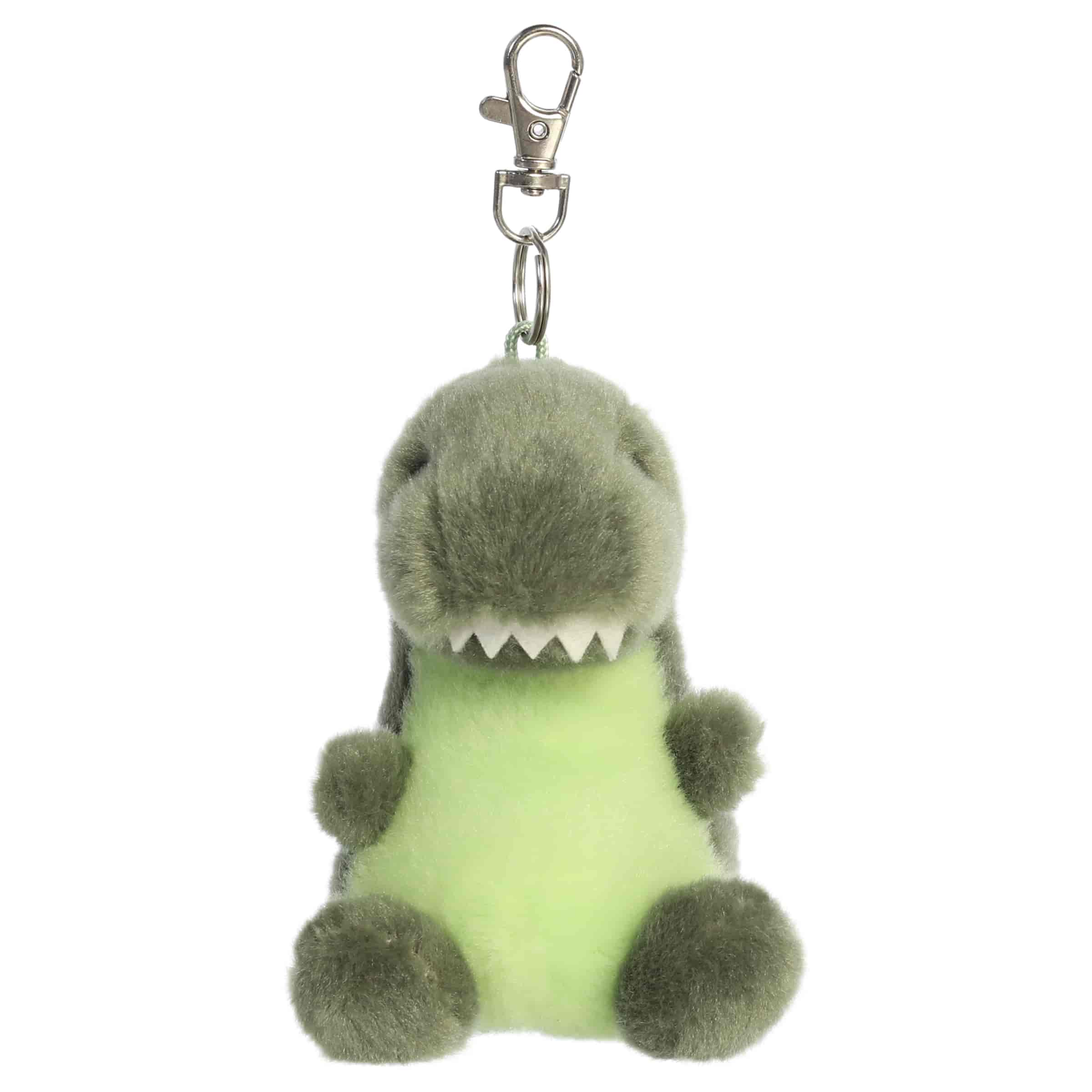Tyranno Rex Clip-On plush with green dinosaur body, tiny arms, friendly face, and clip attachment