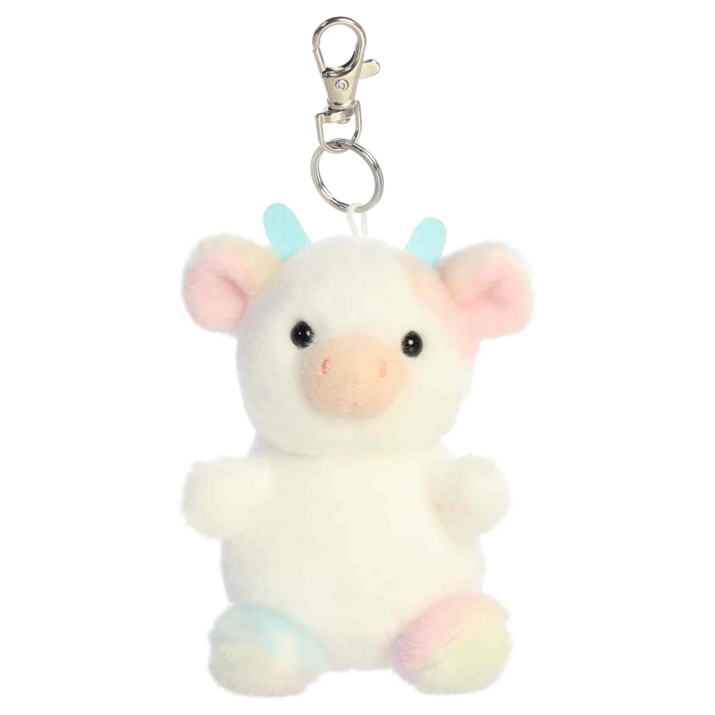 Georgia Rainbow Cow Clip-On plush with white body, rainbow accents, little horns, and clip attachment