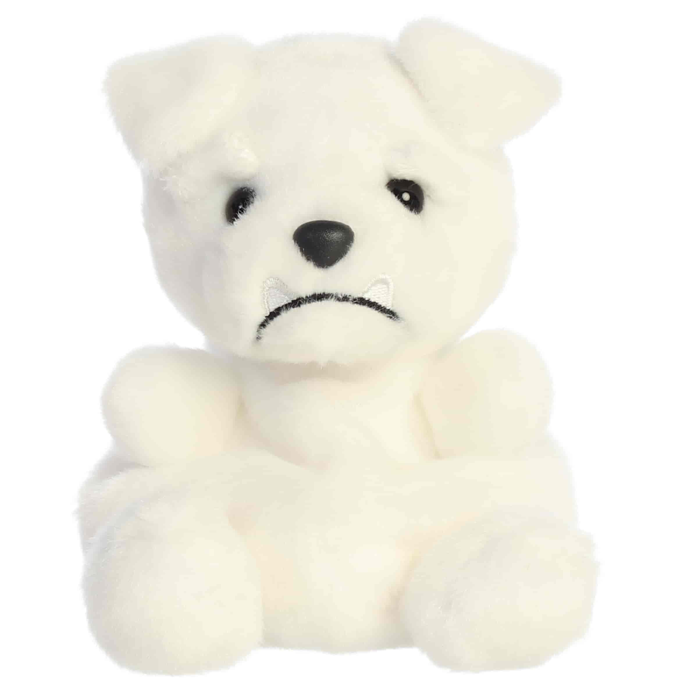 Mascot White Bulldog plush with white body, sturdy stance, floppy ears, and determined face