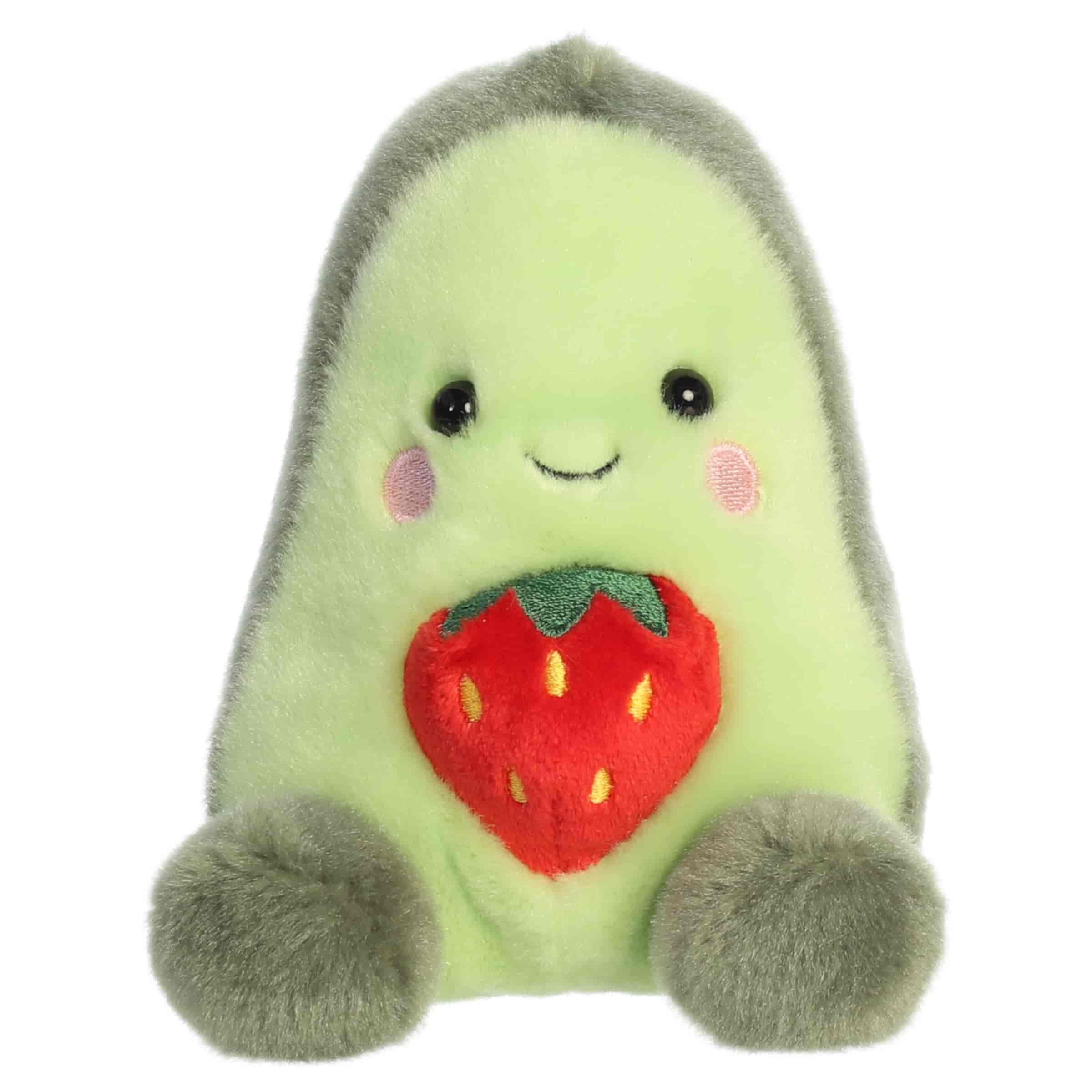 Aimee Strawberry Avocado plush with green avocado body, smiling face, and bright red strawberry center