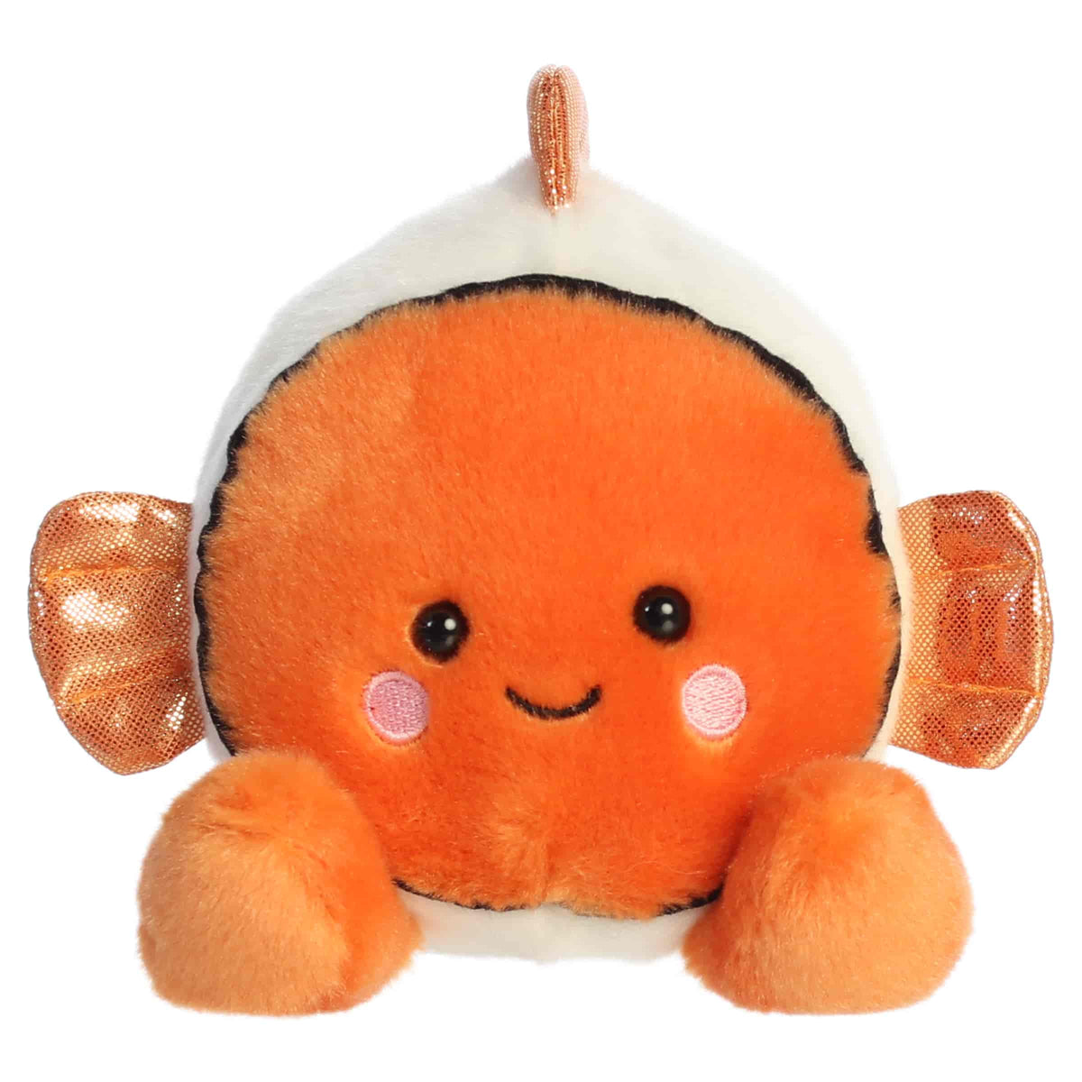 Giggles Clownfish plush with orange body, white stripes, tiny fins, bright smile, and round Palm Pals shape