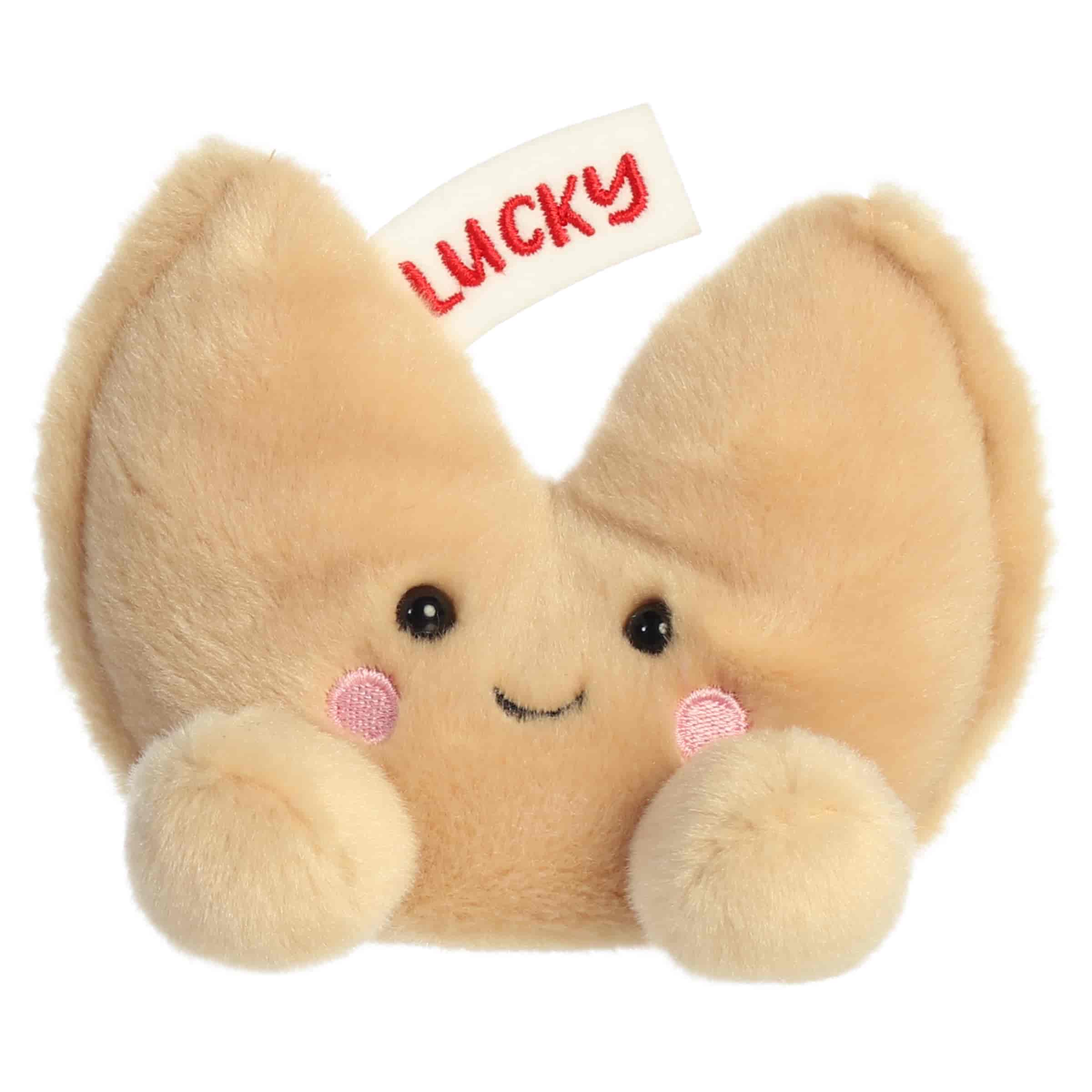 Lucky Fortune Cookie plush with golden folded cookie body, tiny feet, sweet face, and rounded Palm Pals shape