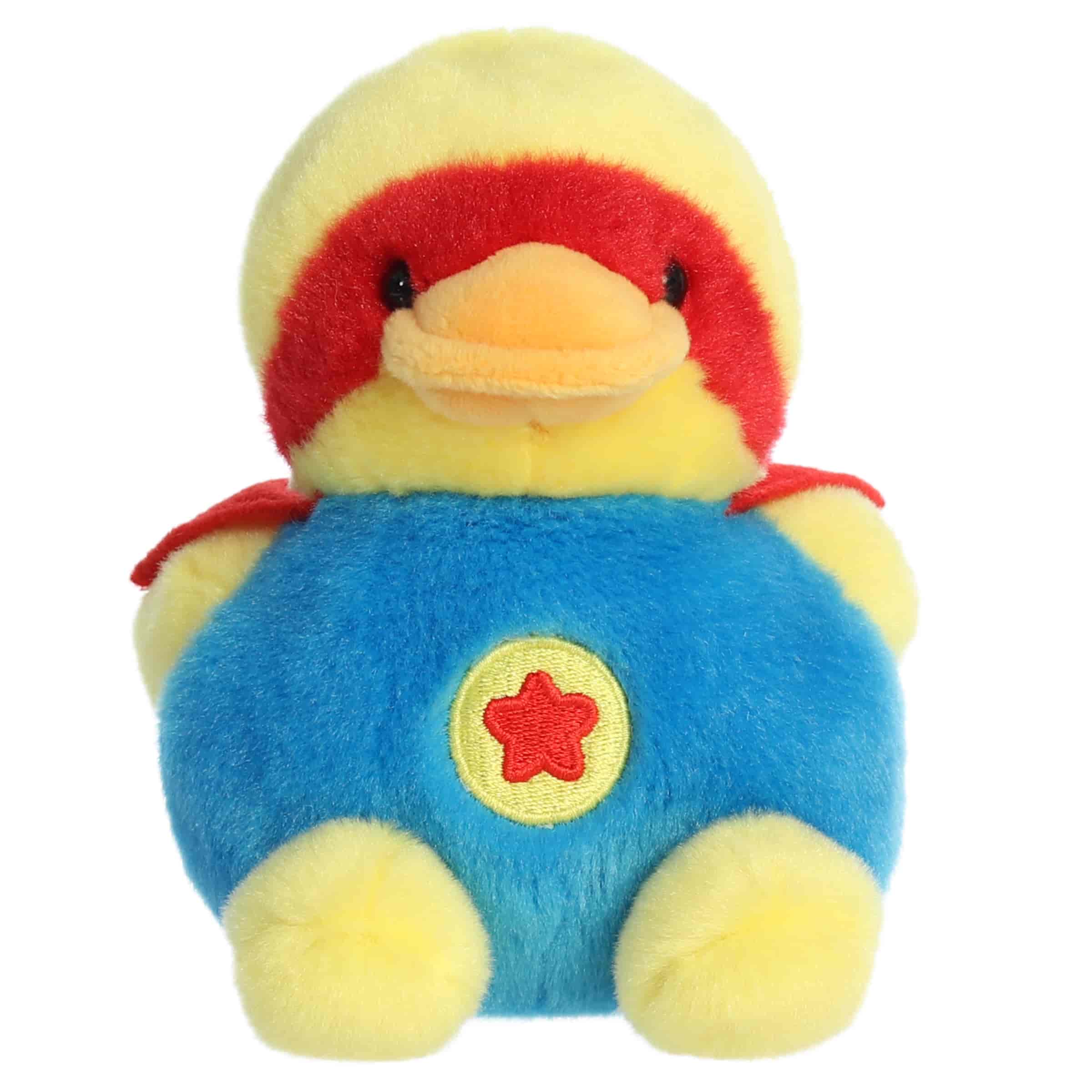 Super-Sud Super Duck plush with blue body, red superhero mask, yellow beak, belly emblem, and round shape