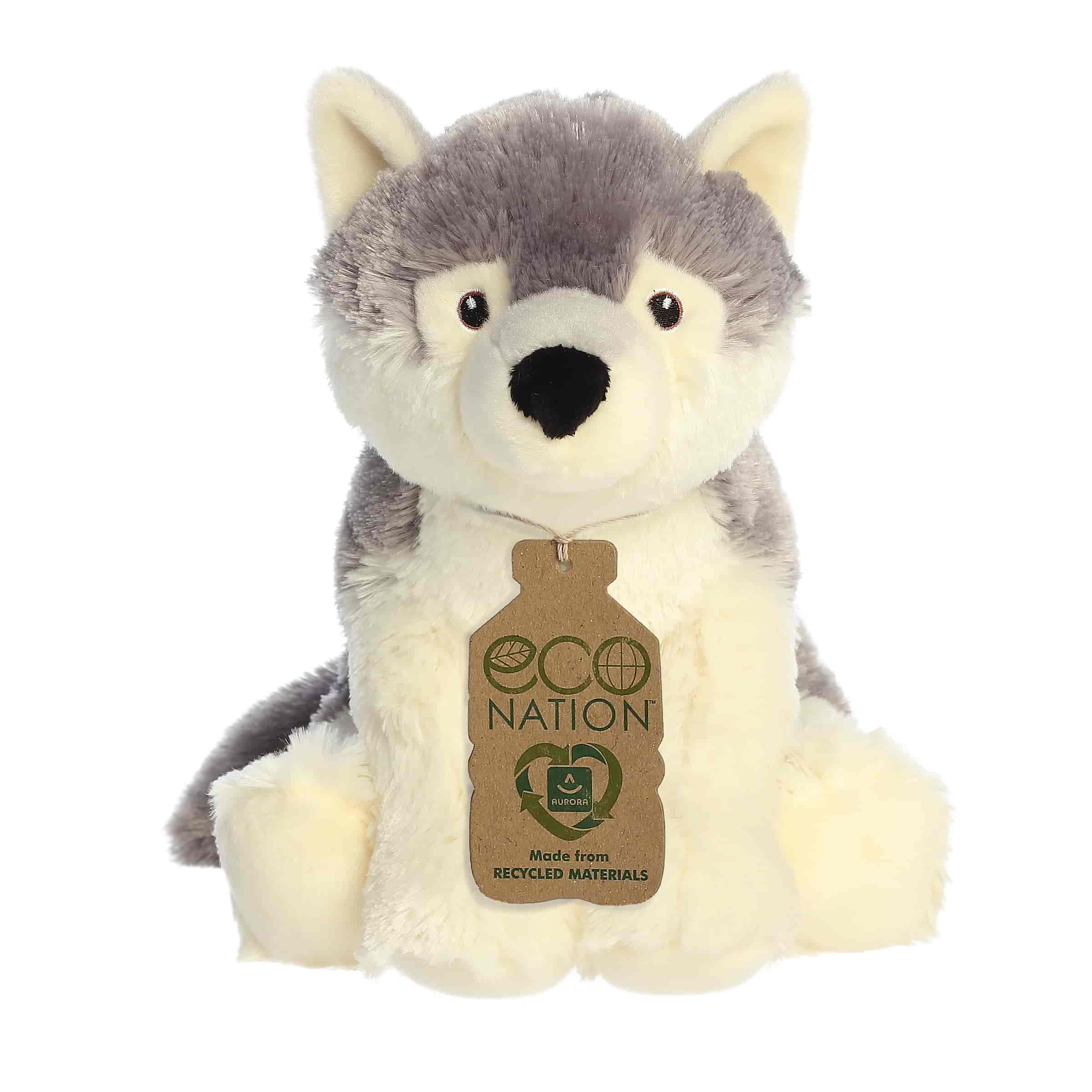 An Eco Hugs Wolf plush by Aurora made from recycled materials with realistic gray fur