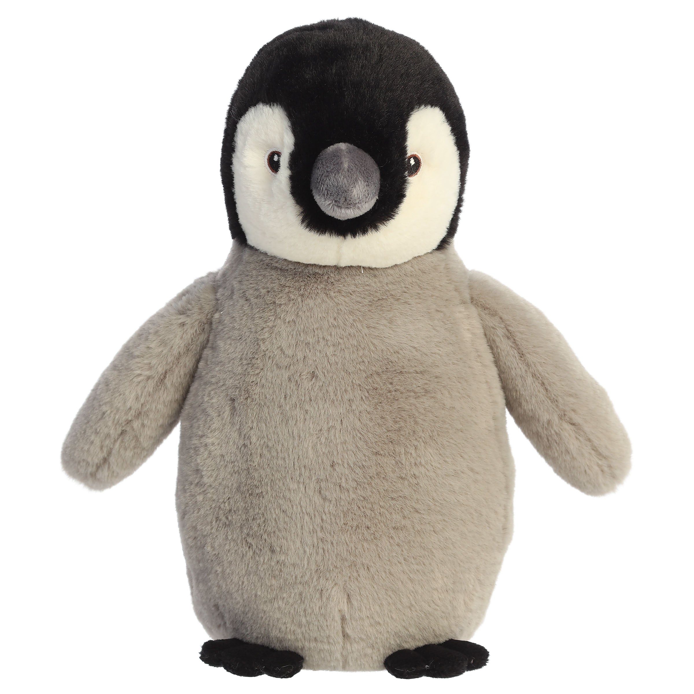 An emperor penguin chick plush toy from Aurora with gray fur, a white face, and a realistic expression.