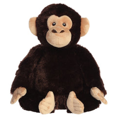 A chimpanzee plush toy from Aurora with dark fur, an expressive face, and a realistic pose.
