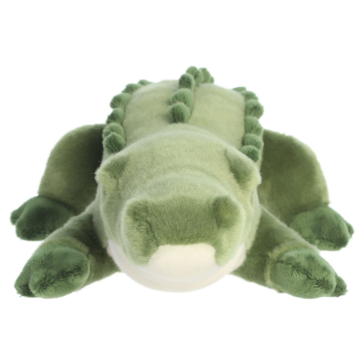 An alligator plush toy from Aurora with green fur, an elongated body, and textured accents.