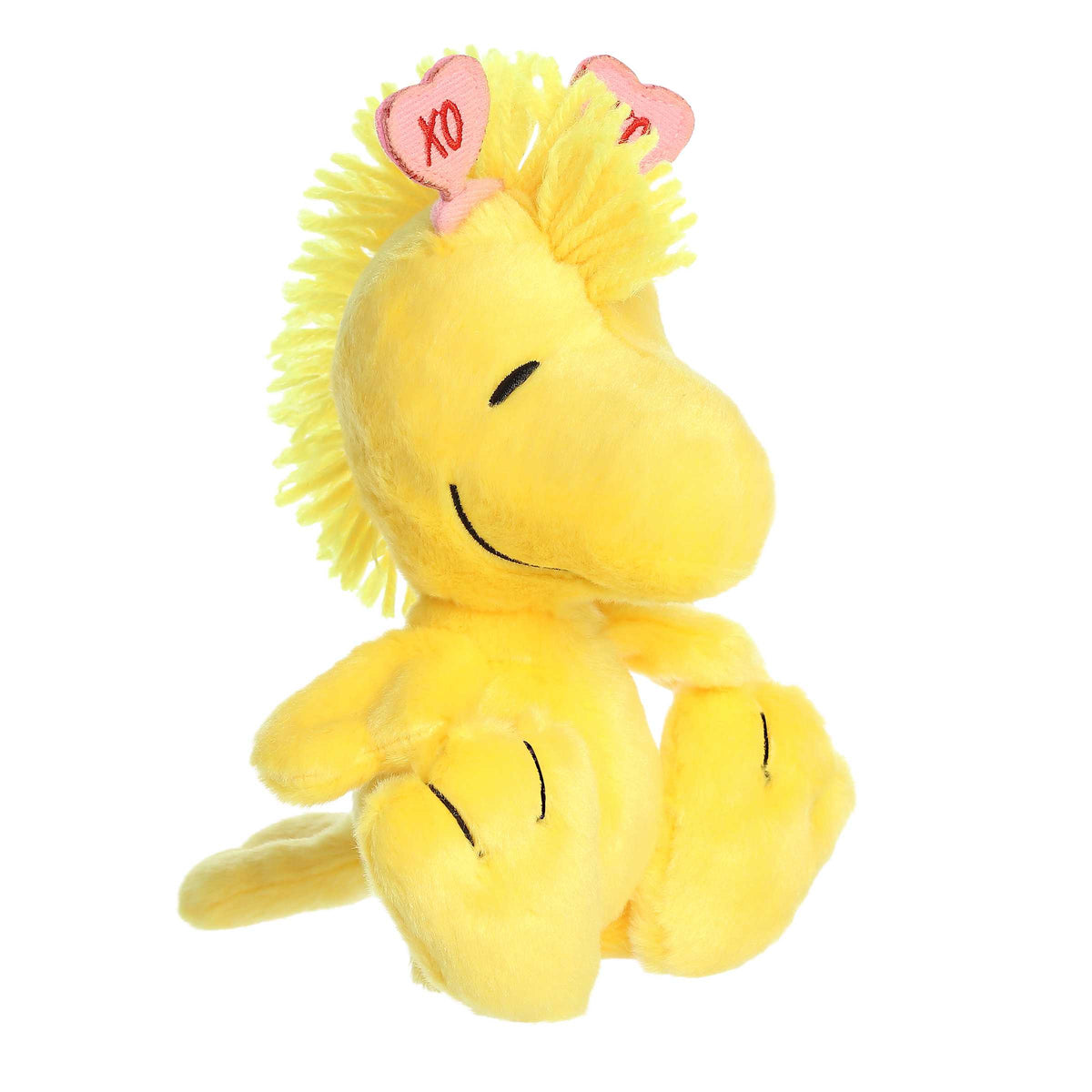 Woodstock plush with 'XO' hearts headband, ideal for Peanuts collectors on Valentine's Day.