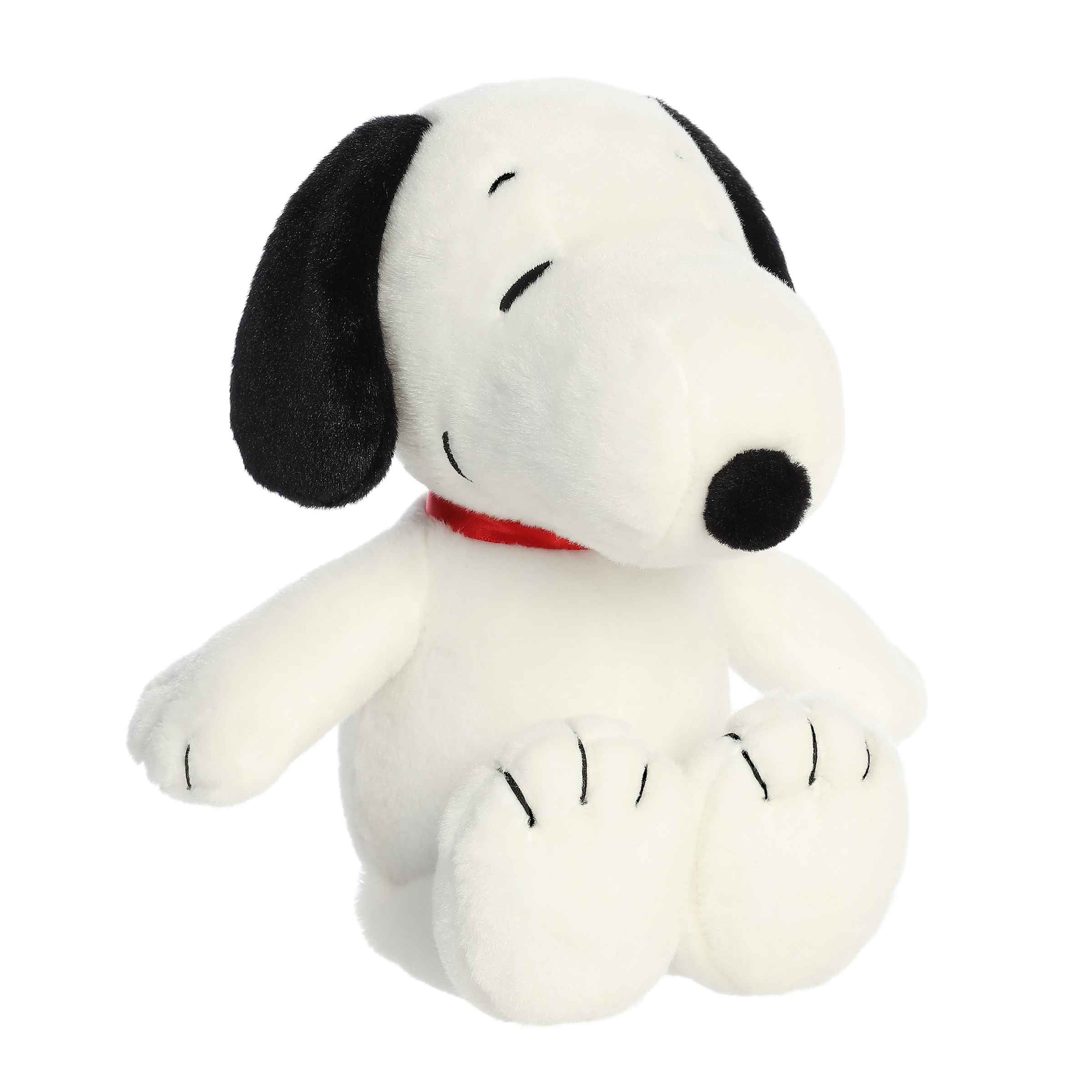 12-inch Snoopy plush in the Peanuts plush collection by Aurora, detailed and durable, white fur resembling beagle puppy plush