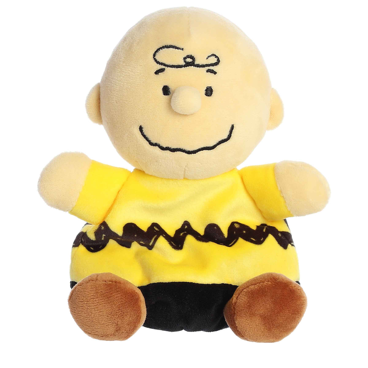 Charlie Brown Palm Pals plush from the Peanuts collection, yellow shirt with black zigzag, friendly smile