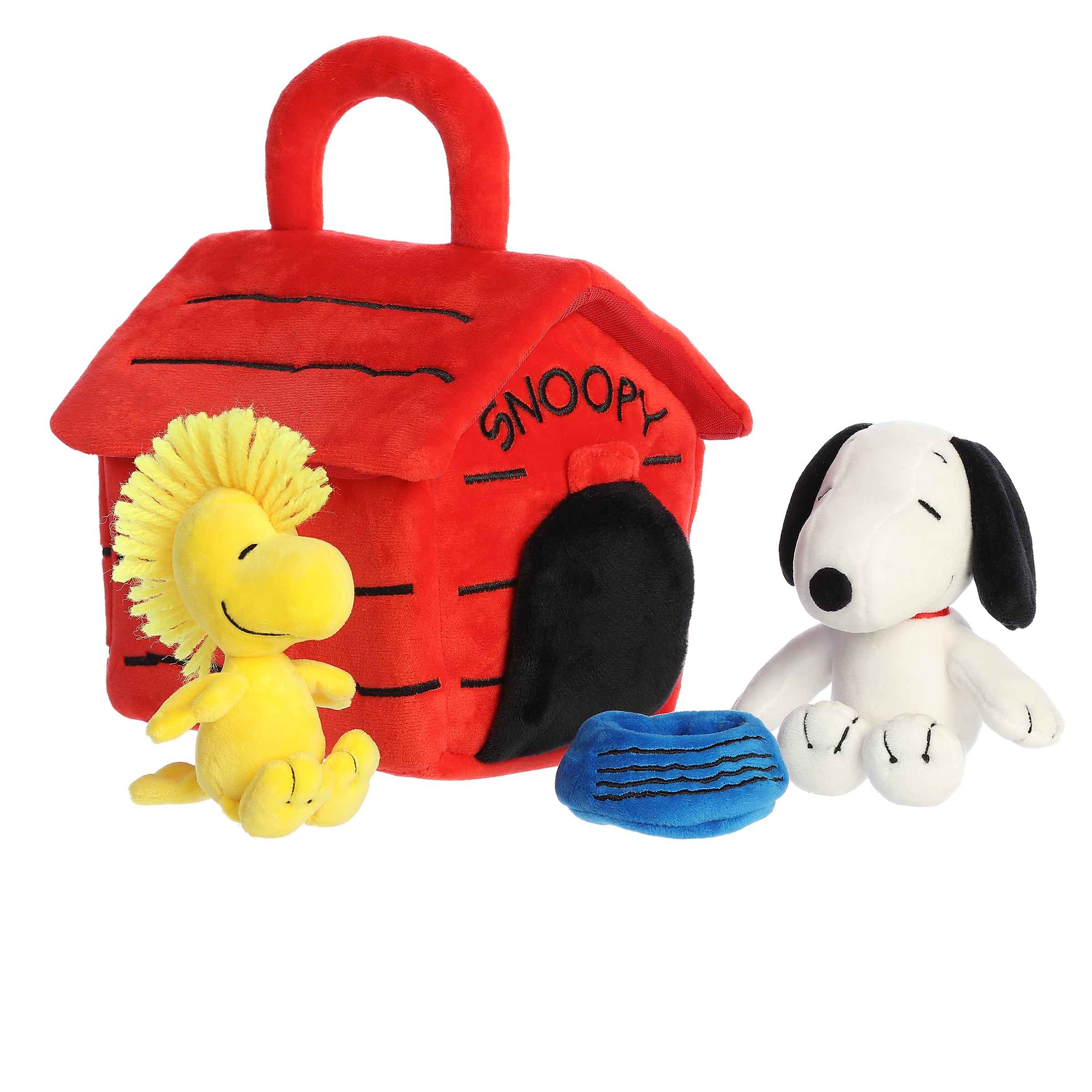 Snoopy's plush Dog House Playset by Aurora from Peanuts plush collection, with Snoopy, Woodstock, and his dog bowl