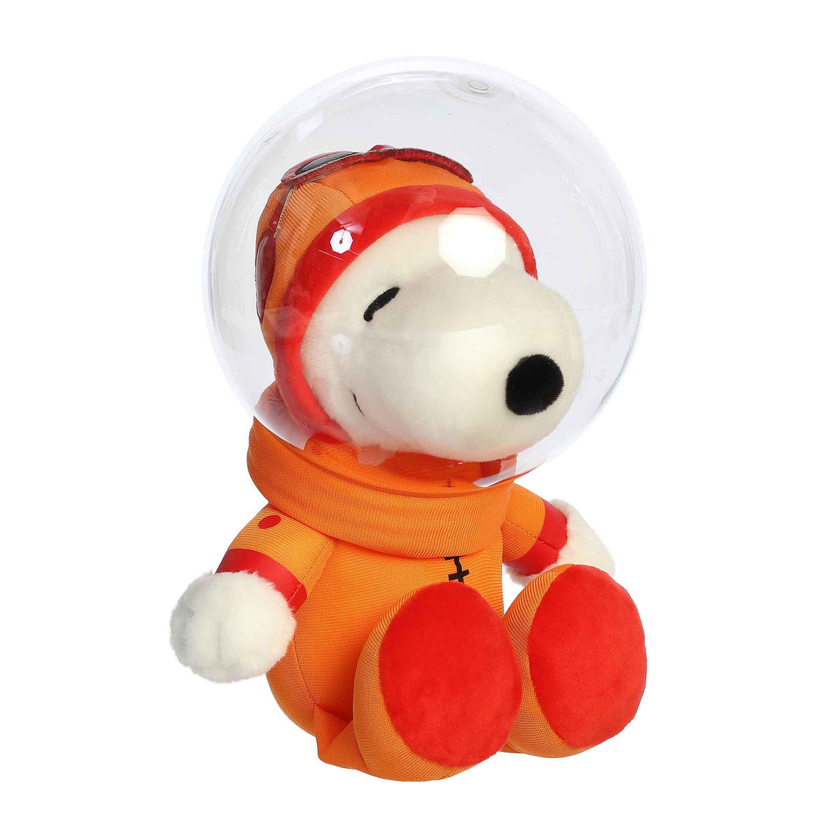 Astronaut Snoopy plush by Aurora from the Peanuts plush collection, in a red space suit with a helmet, cosmic fun!