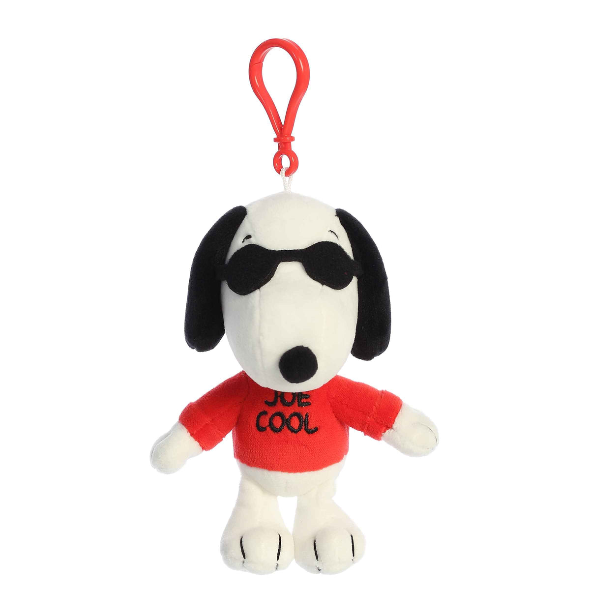 Clip-on plush of Snoopy from the Peanuts collection dressed as Joe Cool with sunglasses and a red sweater.