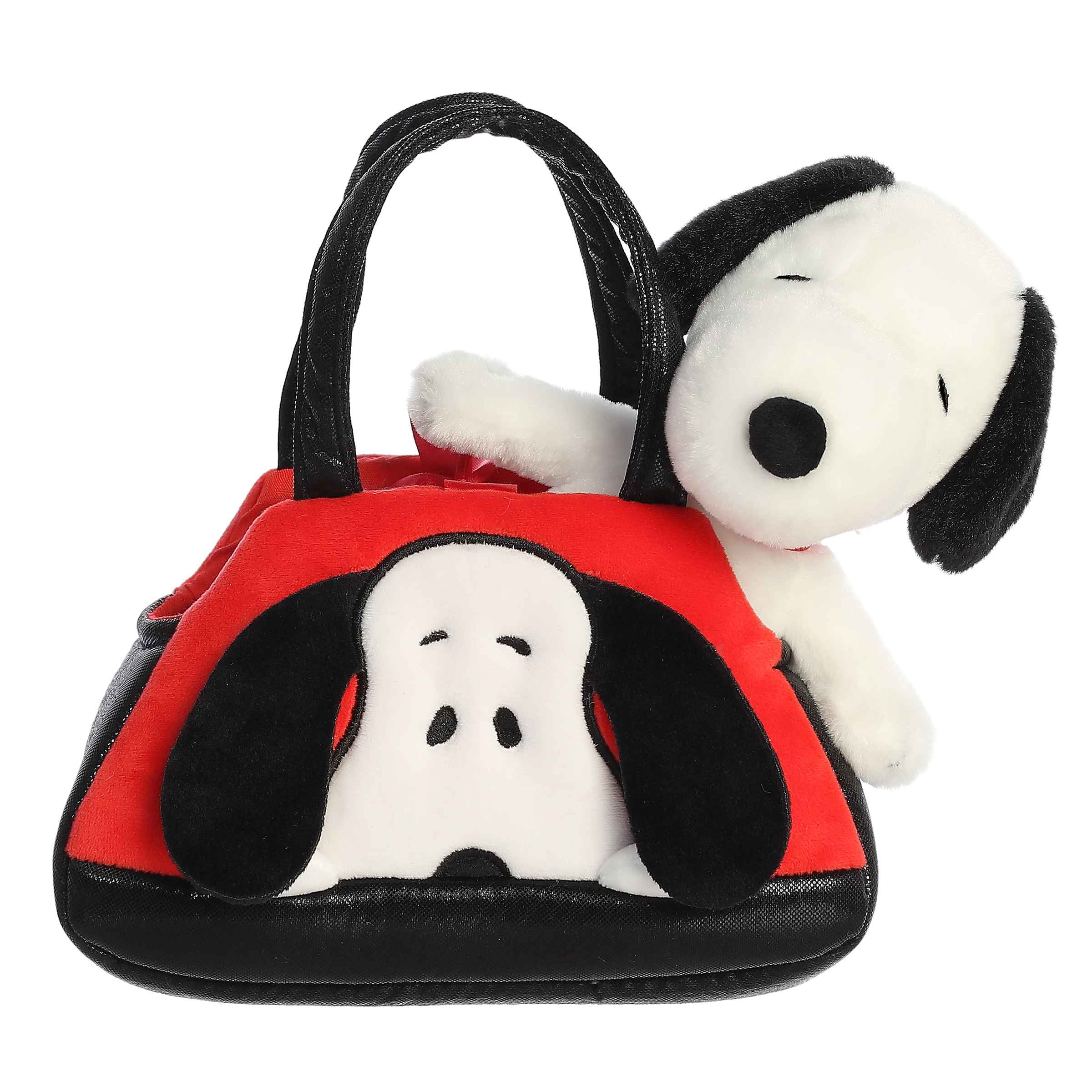 Plush Snoopy from the Peanuts collection peeking out of a red and black plush carrier.