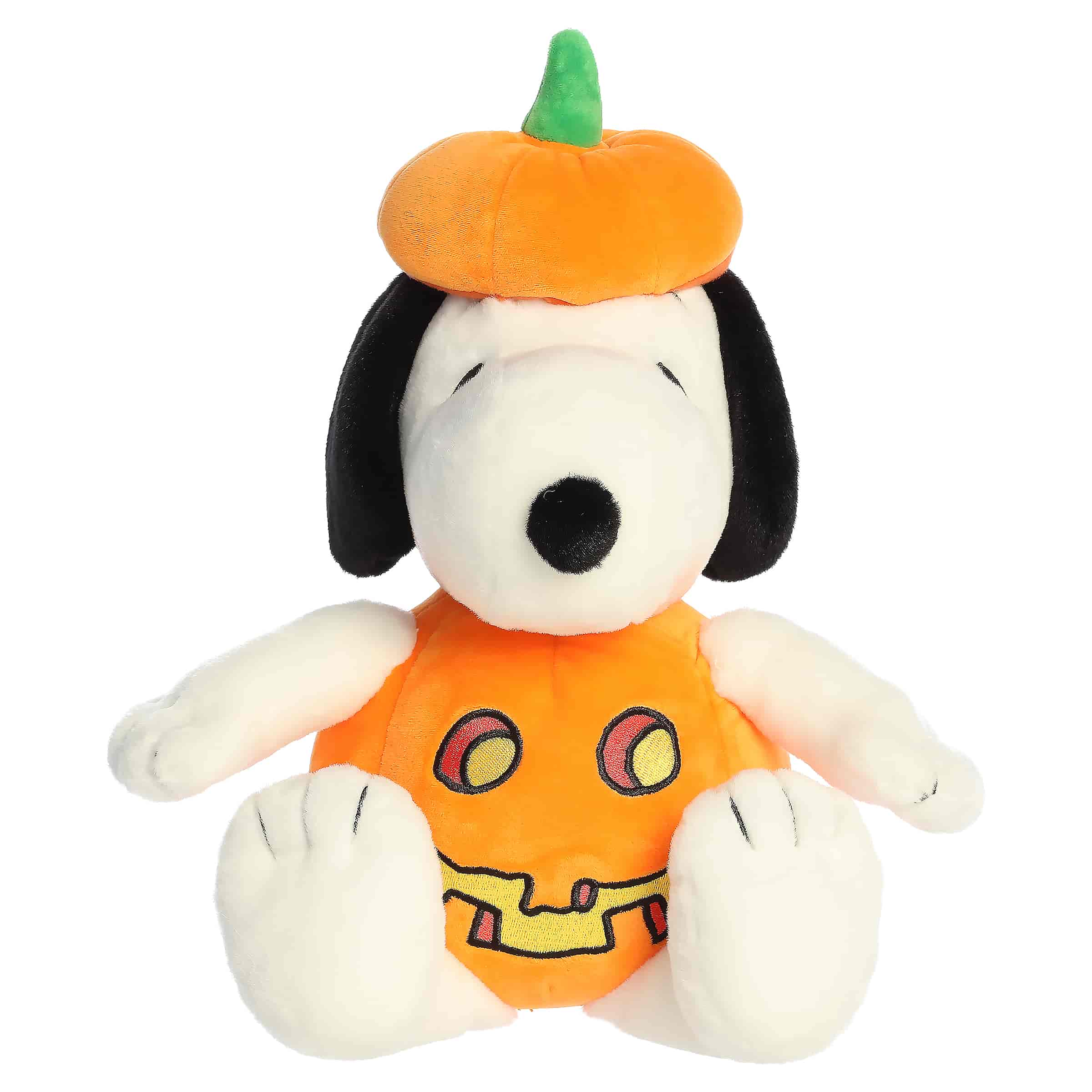 Snoopy plush wearing a bright orange pumpkin costume