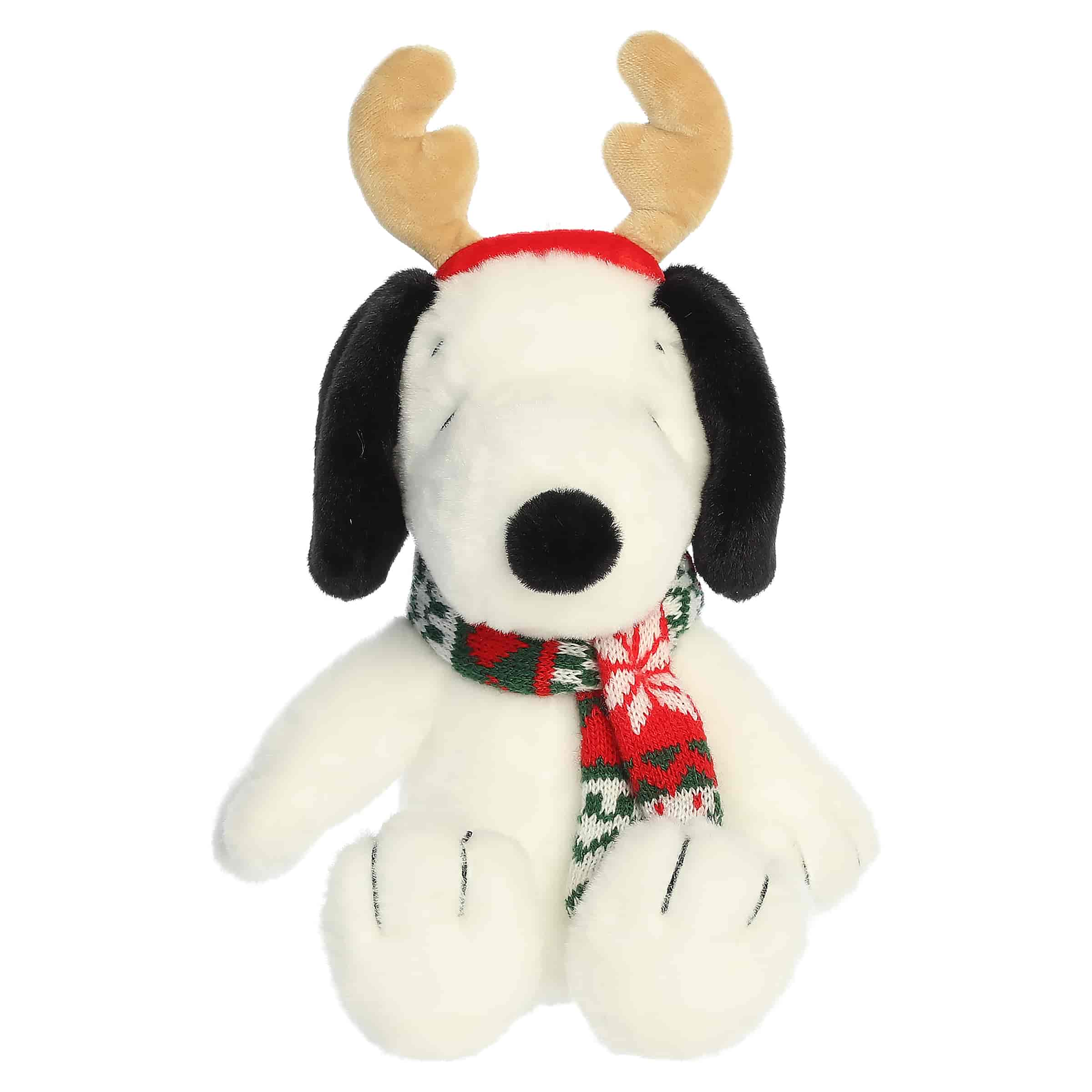 Snoopy plush wearing festive reindeer antlers