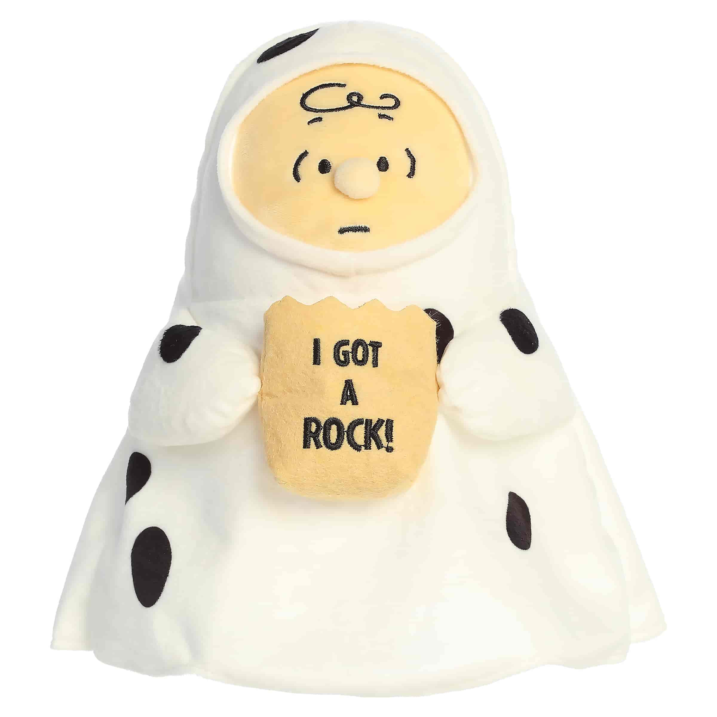 Charlie Brown plush in a playful ghost-inspired costume