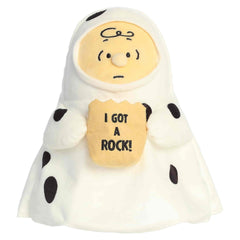 Charlie Brown plush in a playful ghost-inspired costume