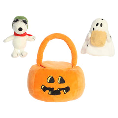 Orange pumpkin tote plush with two small Peanuts plushies inside
