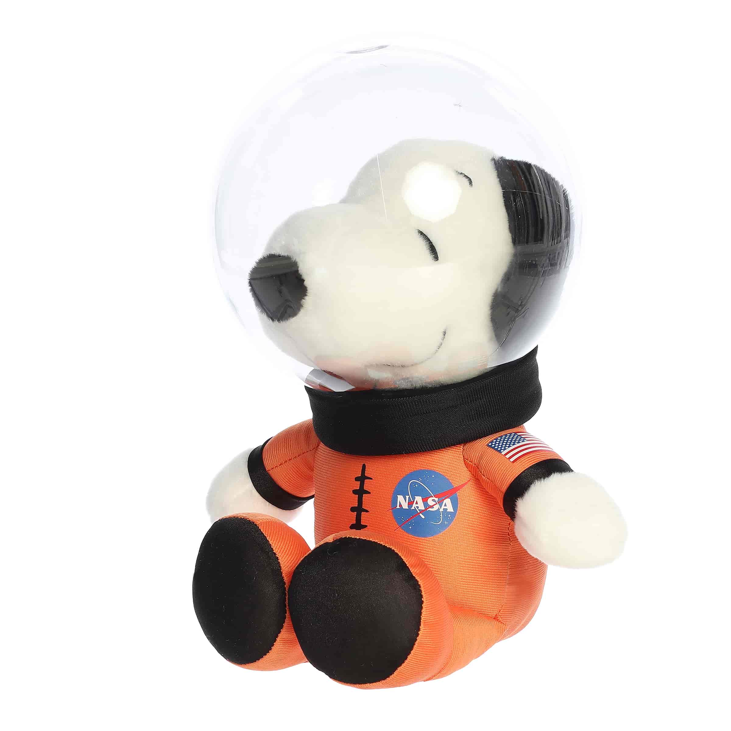 A Snoopy plush wearing an orange astronaut suit with a clear helmet from the Peanuts collection