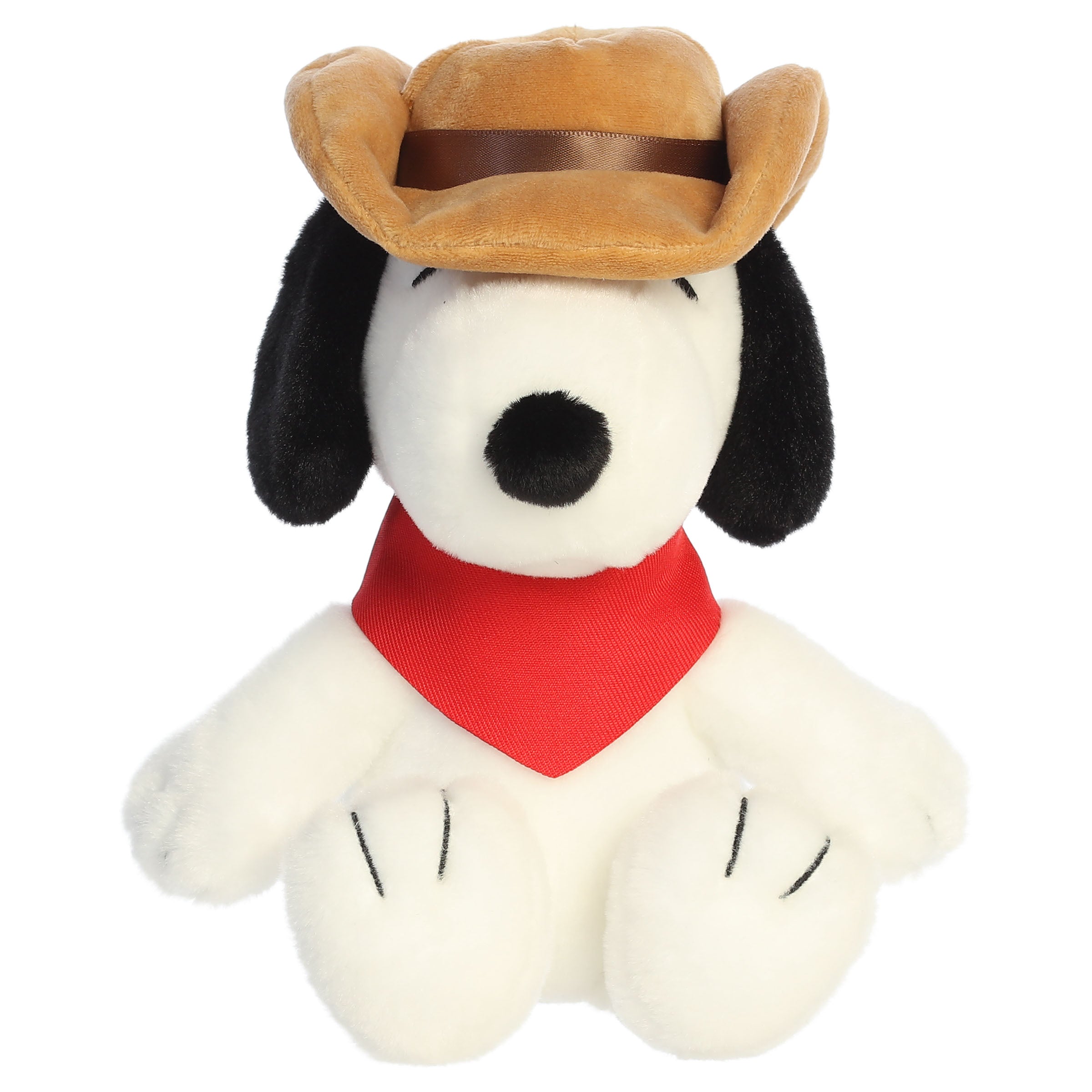 A Snoopy plush toy from Aurora with a cowboy hat and red bandana.