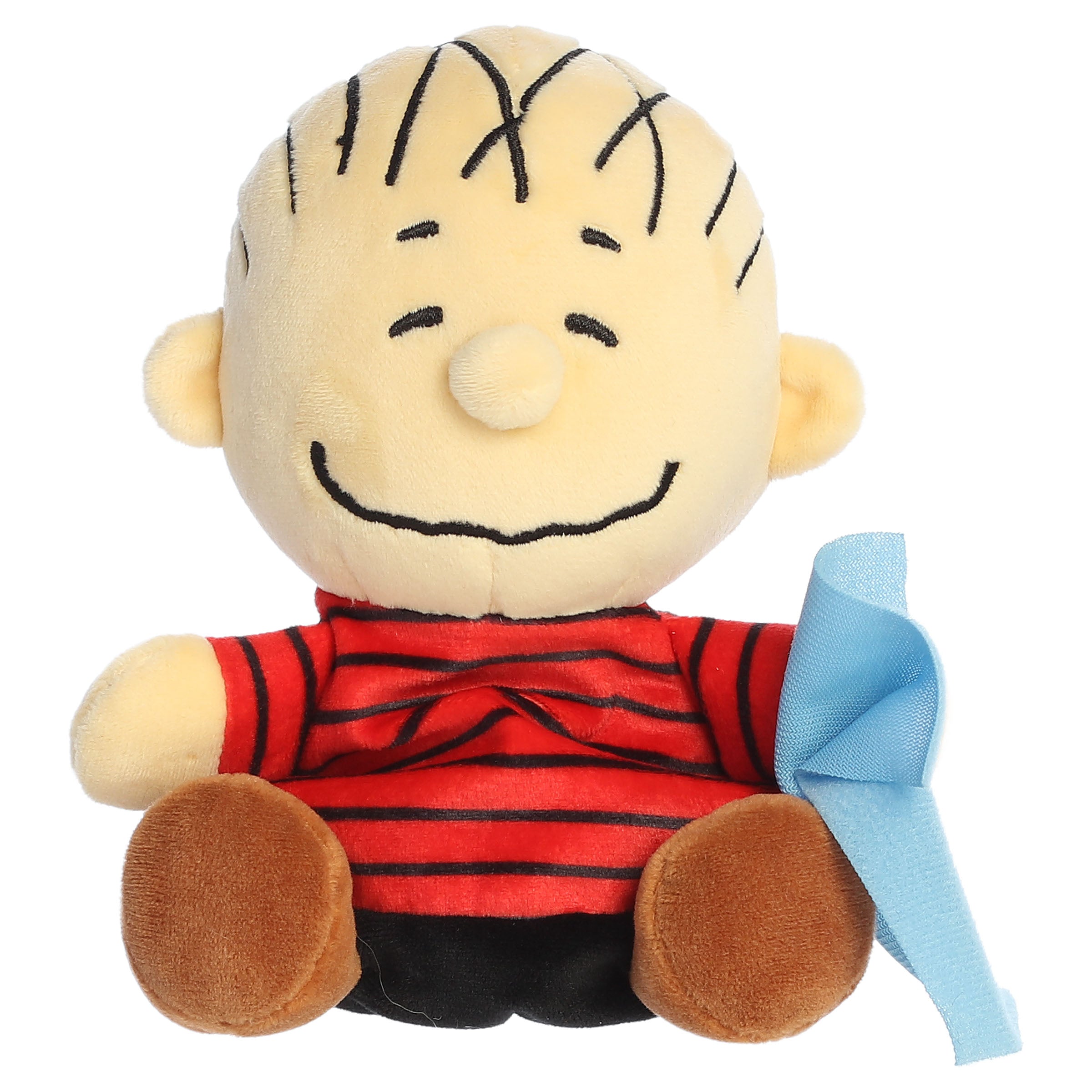 A Linus Palm Pal plush toy from Aurora with a striped shirt, embroidered smile, and blue blanket.