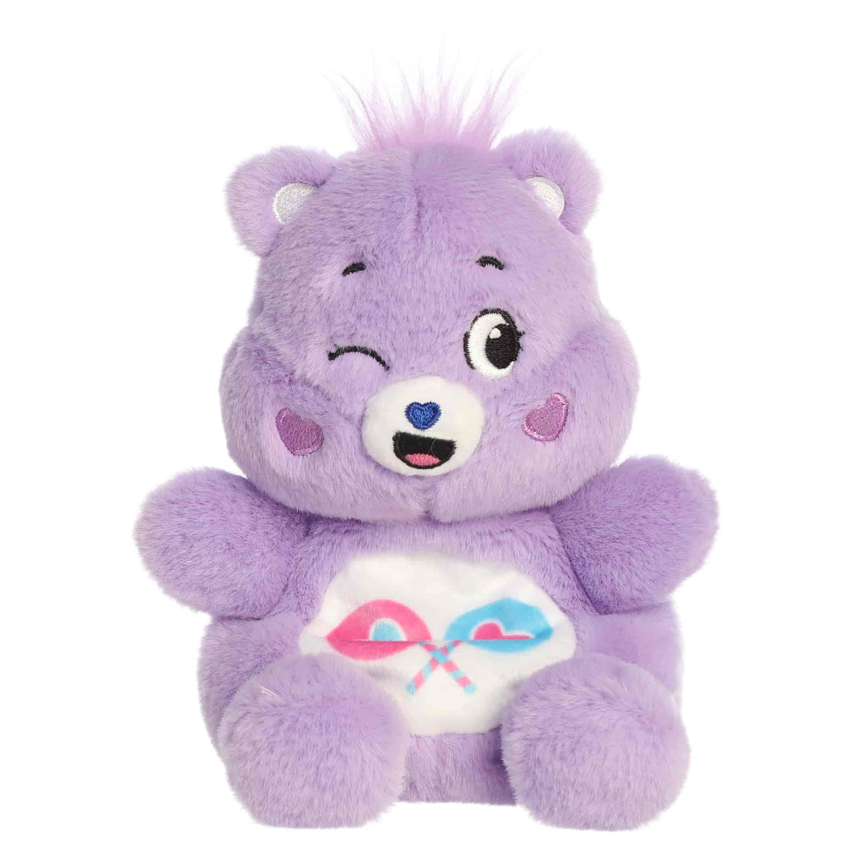Share Bear Palm Pals plush with soft purple fur, playful smile, round ears, and heart lollipops belly badge