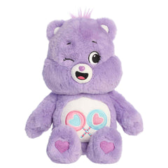 Share Bear plush with soft purple fur, winking smile, round ears, and heart lollipop belly badge