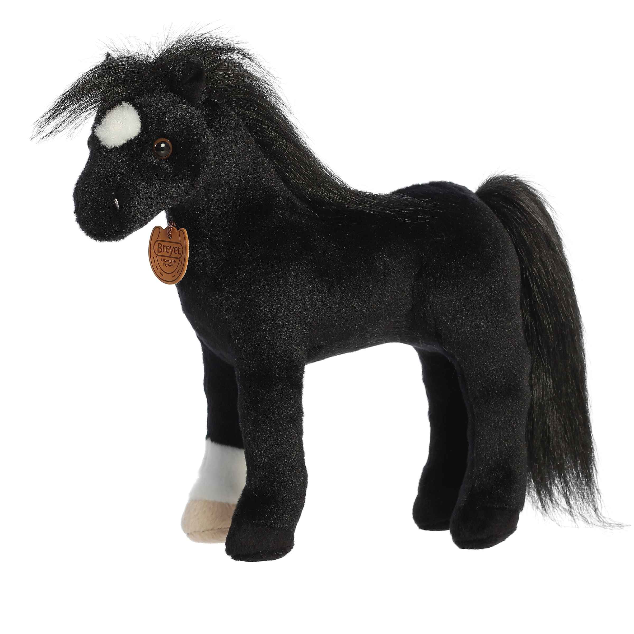 Plush toy of Showstoppers Thoroughbred from the Breyer collection with a sleek black body, flowing mane, and realistic tail.