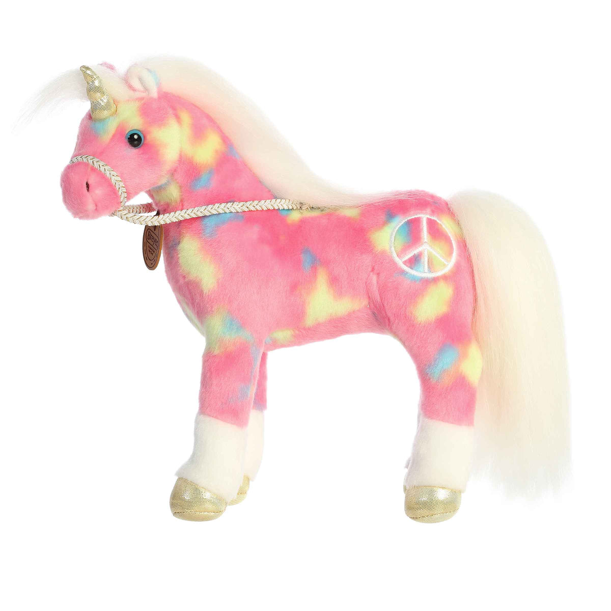 Plush toy of Showstoppers Keep The Peace from the Breyer collection with a pink body, peace signs, and a soft white mane and tail.