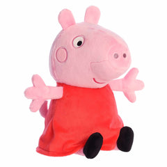 Peppa Pig plush from Aurora, featuring Peppa in a soft red dress, designed for both quality and durability
