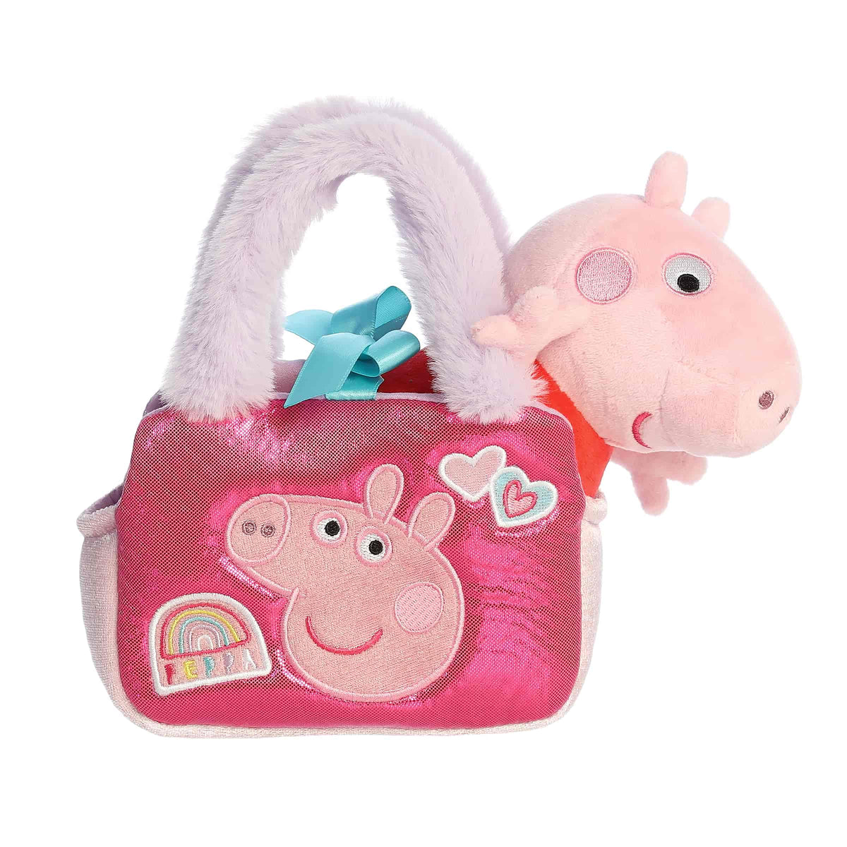 A pink and purple Peppa Pig plush purse with cheerful patches and a matching Peppa plush inside