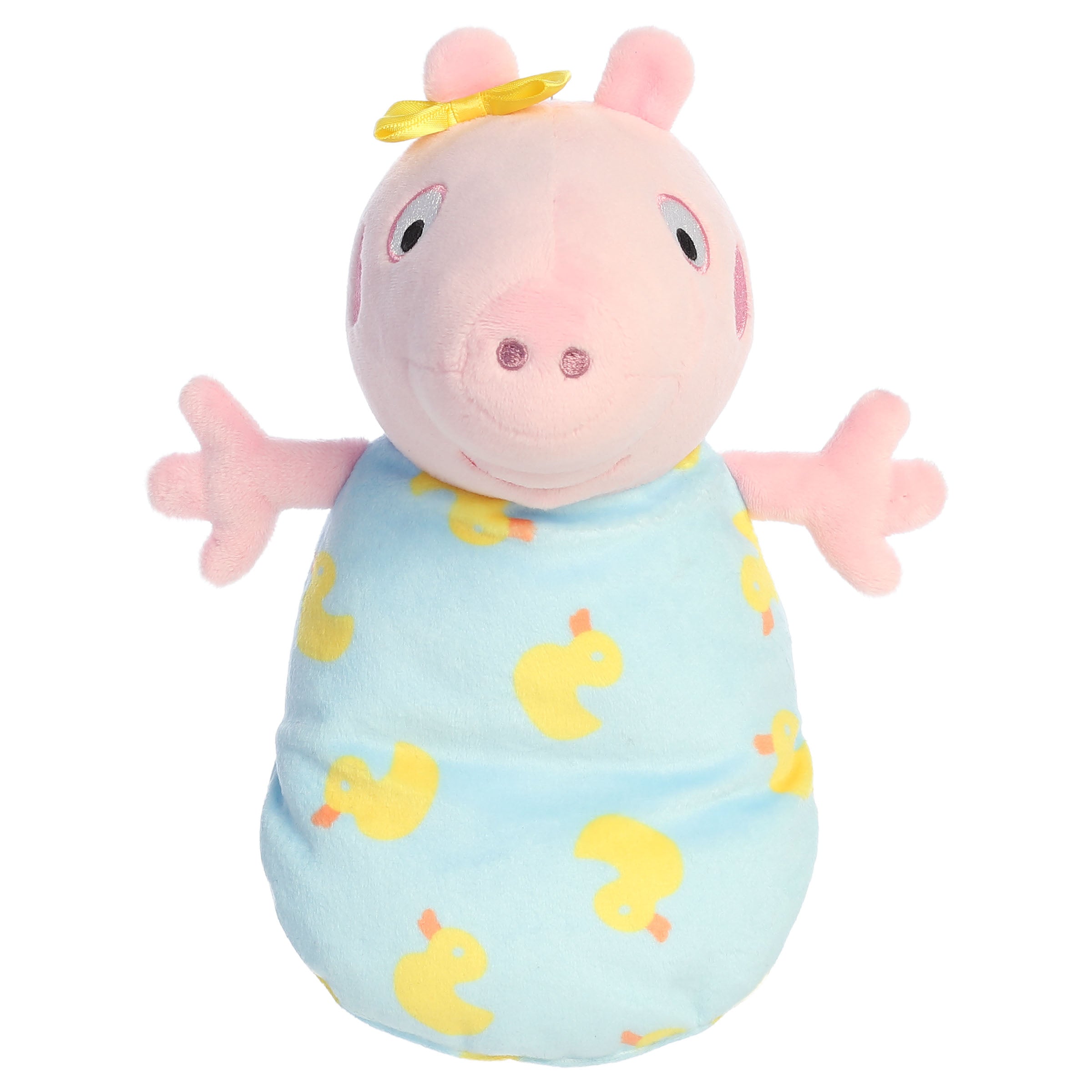 A Baby Evie plush toy from Aurora wrapped in a blue swaddle with rubber ducky details and a yellow bow.