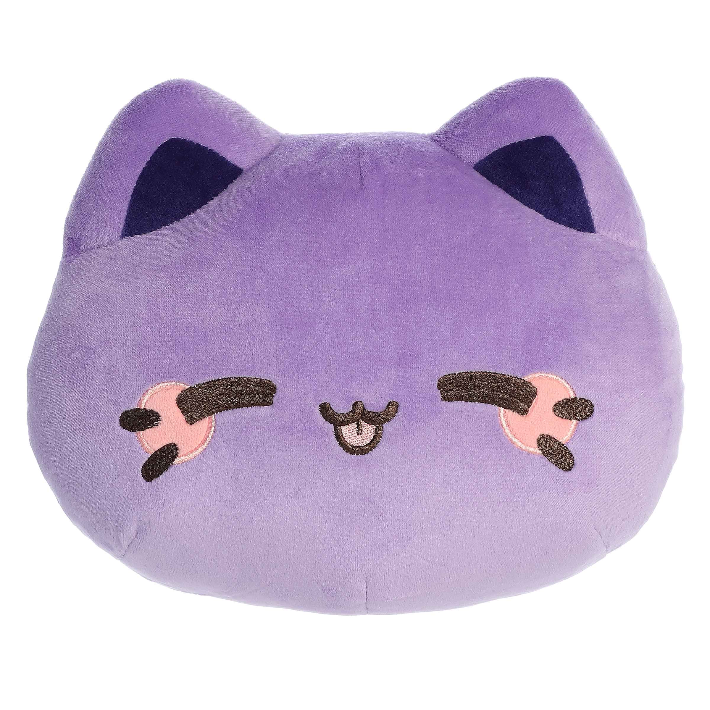 Ube Meowchi Face Plush from Tasty Peach, purple-hued plush pillow, adorable whiskered smile, perfect for kawaii collection