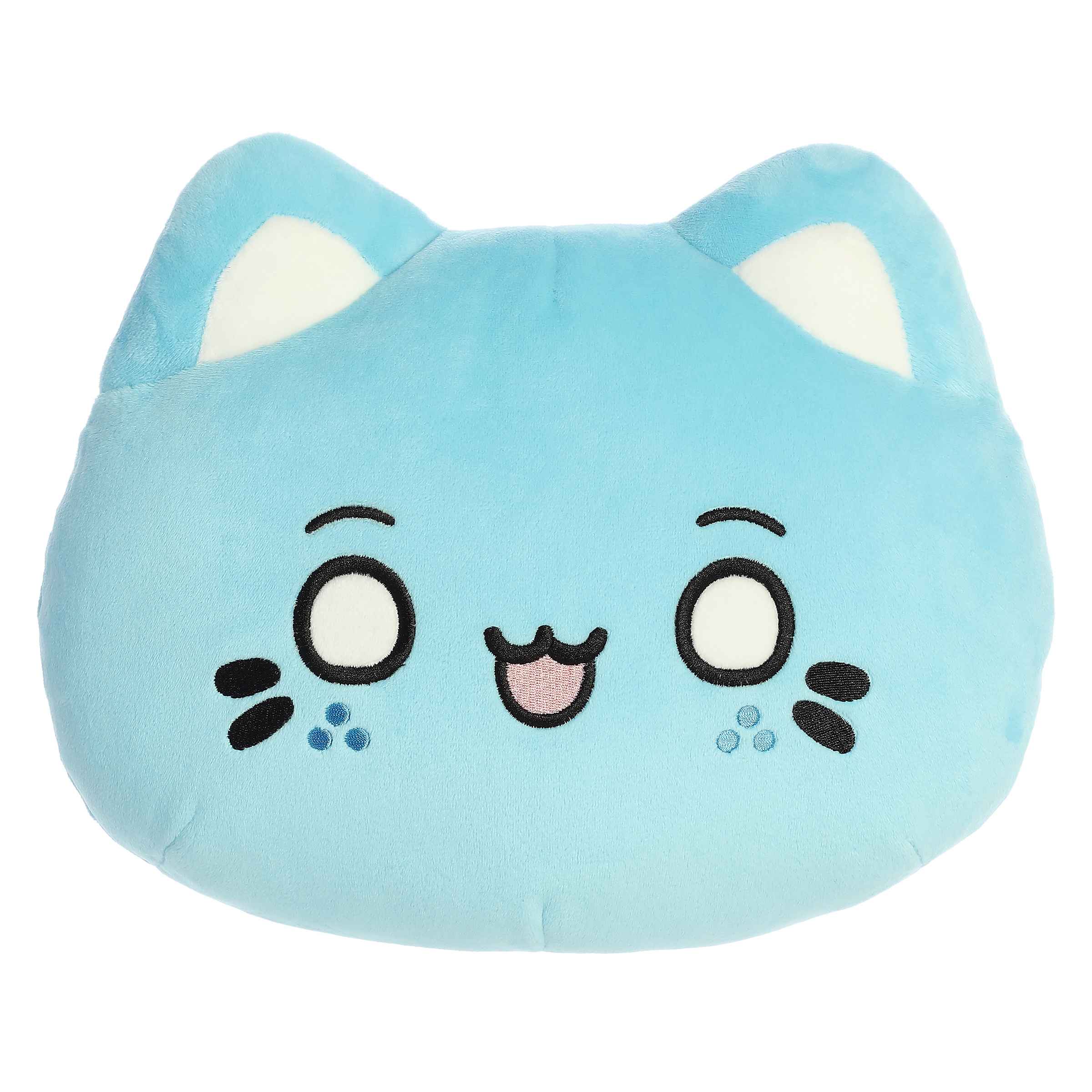 Marble Soda Meowchi Face Plush from Tasty Peach, sky-blue hue, sweet winking expression, ideal for lounging and decoration