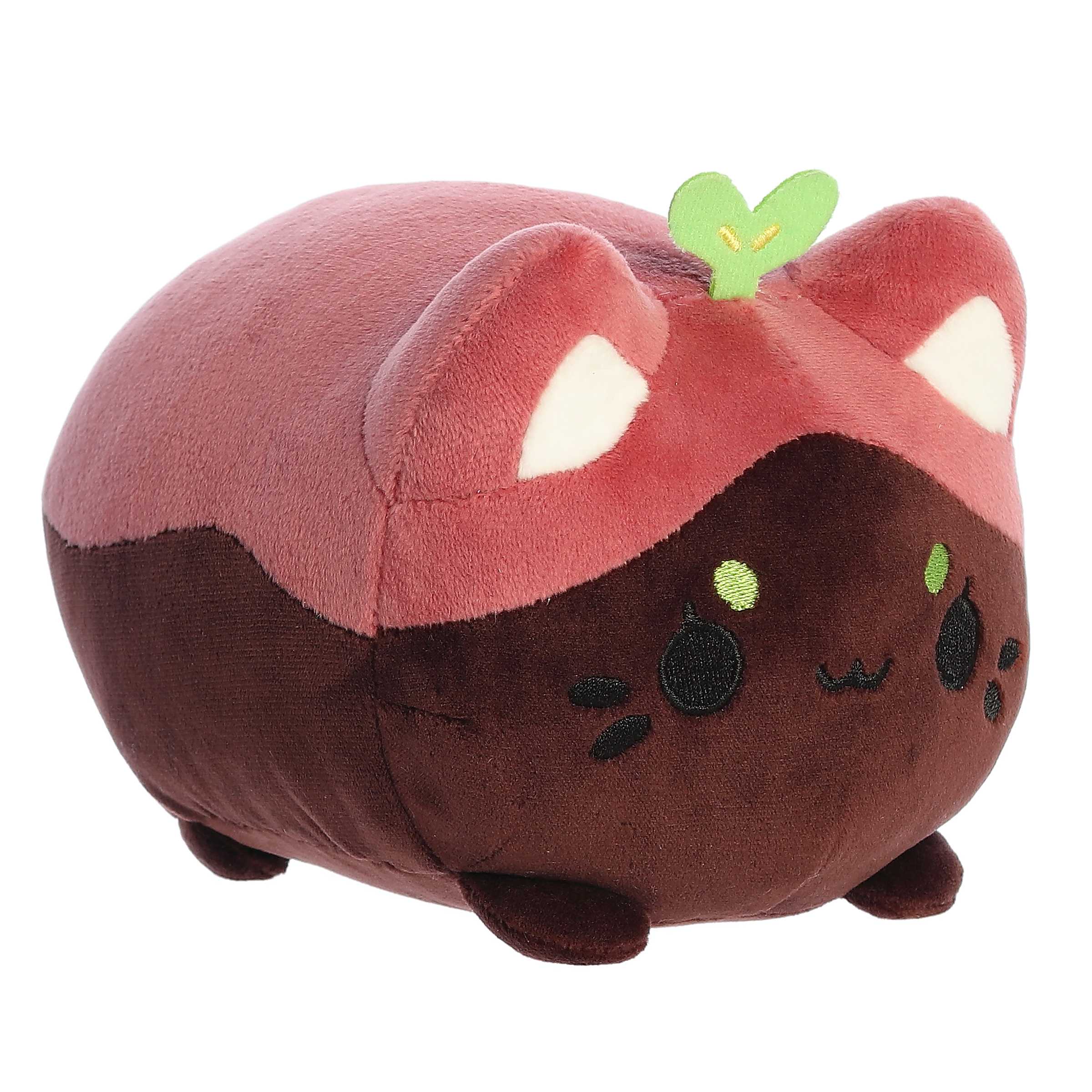 Tasty Peach Seedling Meowchi plush, featuring a soft brown body and a green sprout, designed for kawaii enthusiasts