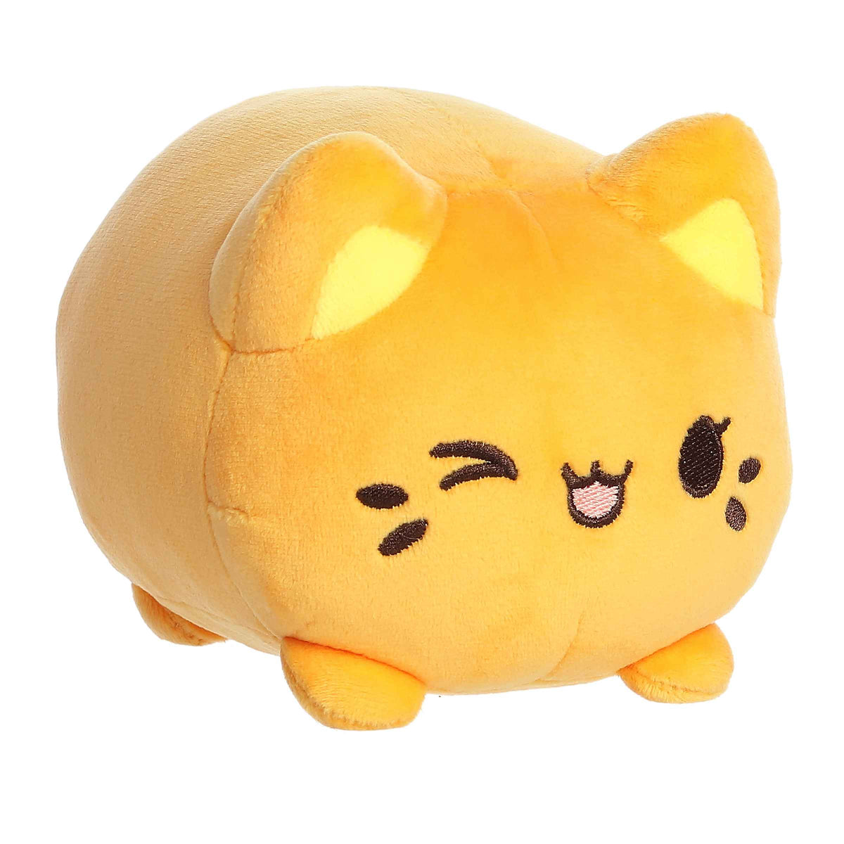 Plush toy of Mango Meowchi from the Tasty Peach collection with a bright yellow body and a cute winking face.