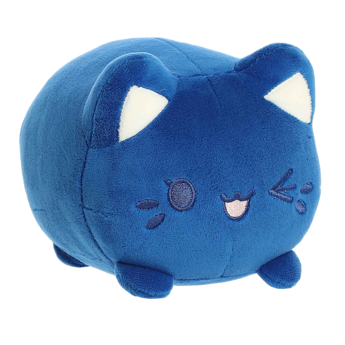 Plush toy of Blueberry Meowchi from the Tasty Peach collection with a bright blue body and a winking face.