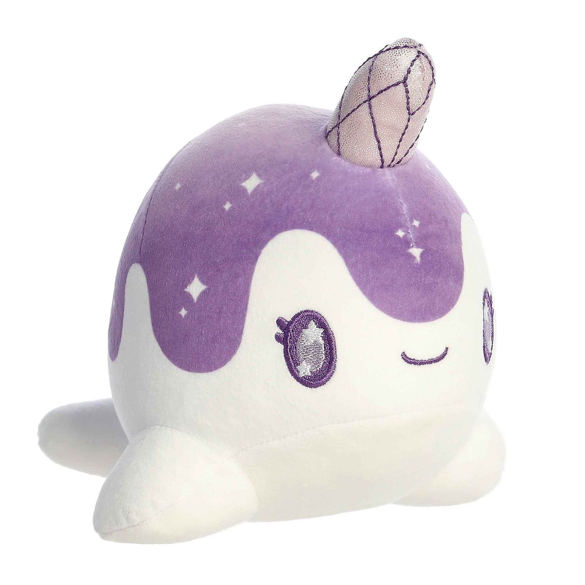 Plush toy of Nomwhal from the Tasty Peach collection with a purple body, star accents, and an amethyst horn.