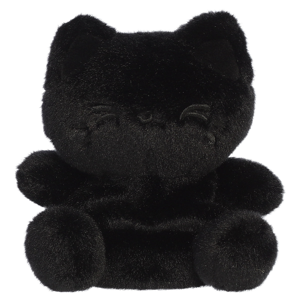 A black cat plush toy from Aurora with rounded paws and a facial expression embroidered entirely in black.