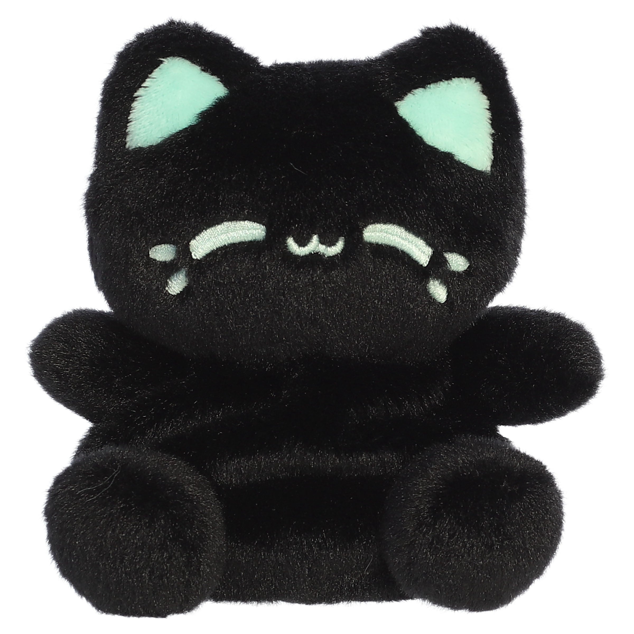 A black cat plush toy from Aurora with rounded paws, mint green inner ears, and a matching mint facial expression.