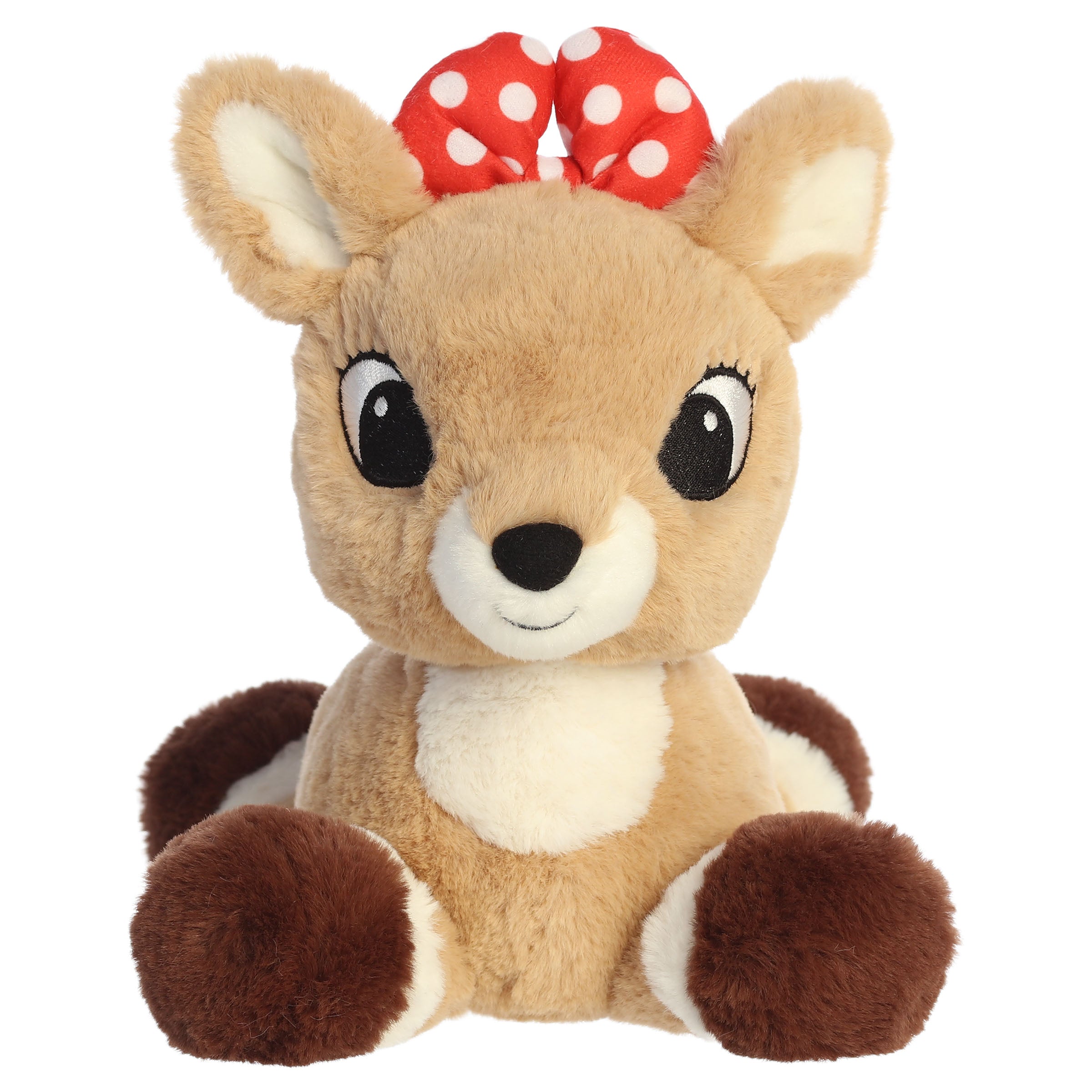 A Clarice plush toy from Aurora with a red bow, gentle expression, and a laying pose.
